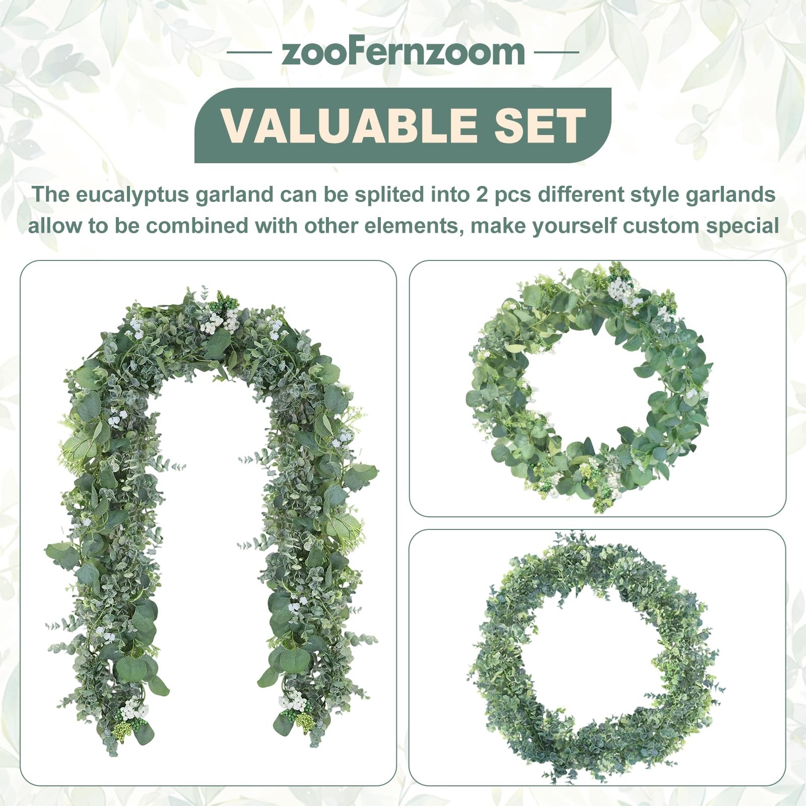 Eucalyptus Garland for Table, 6ft Faux Eucalyptus Garland with White Flowers …