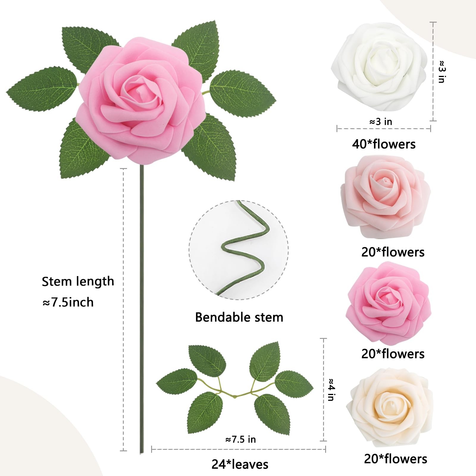 100 PCS Pink Artificial Flowers Roses Foam Fake Leaves Wedding Bridal Party