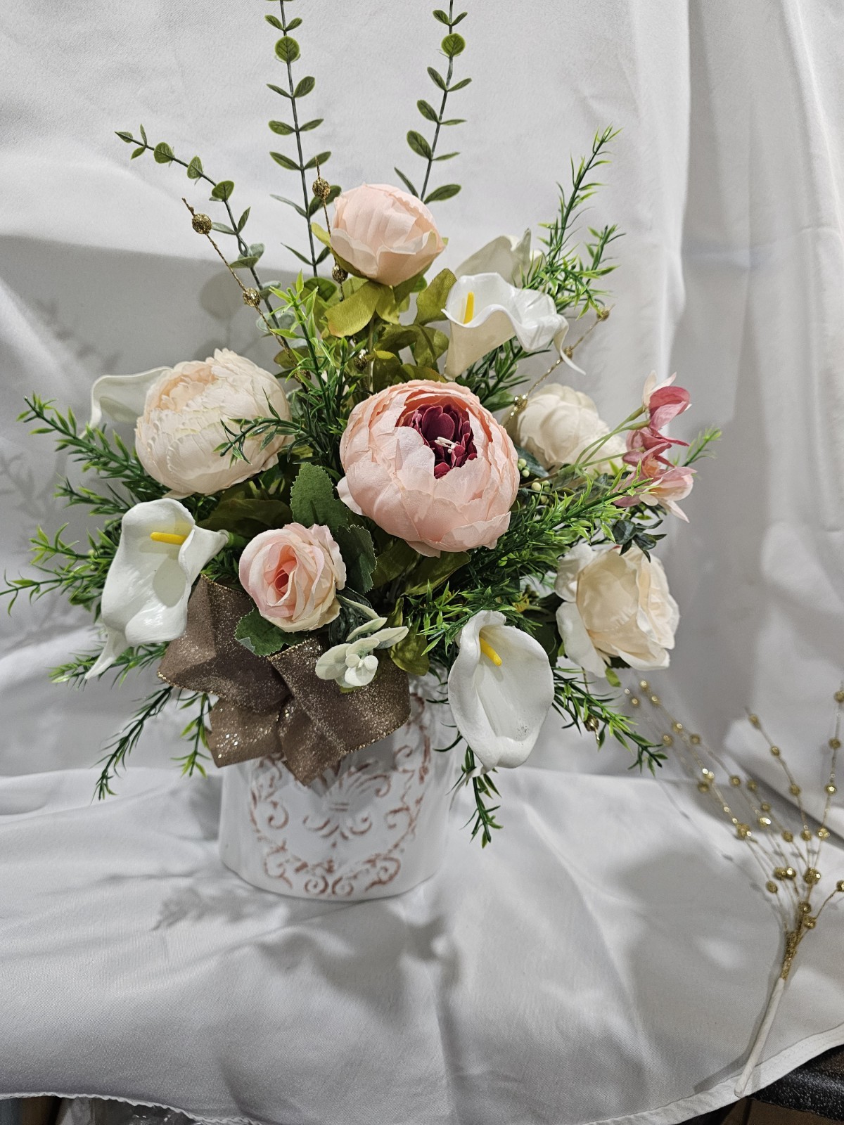 Artificial Flower Arrangement Peonies Calla Lilies Glistening Gold Accen & Vase