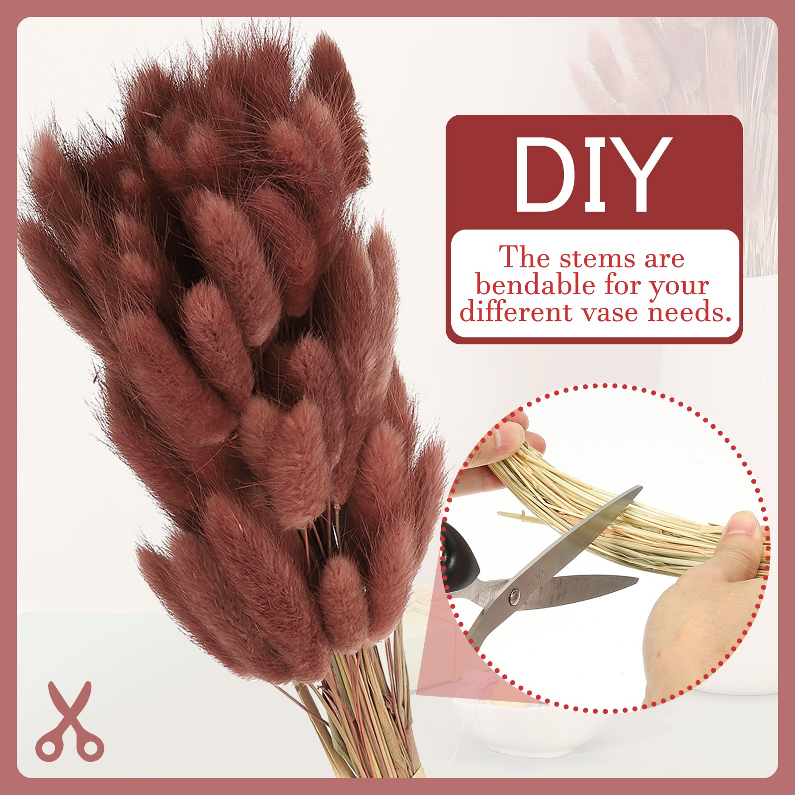 15.7in Bunny Tails Dried Flowers, 80pcs Pampas Grass Decor Rabbit Tail, Brown