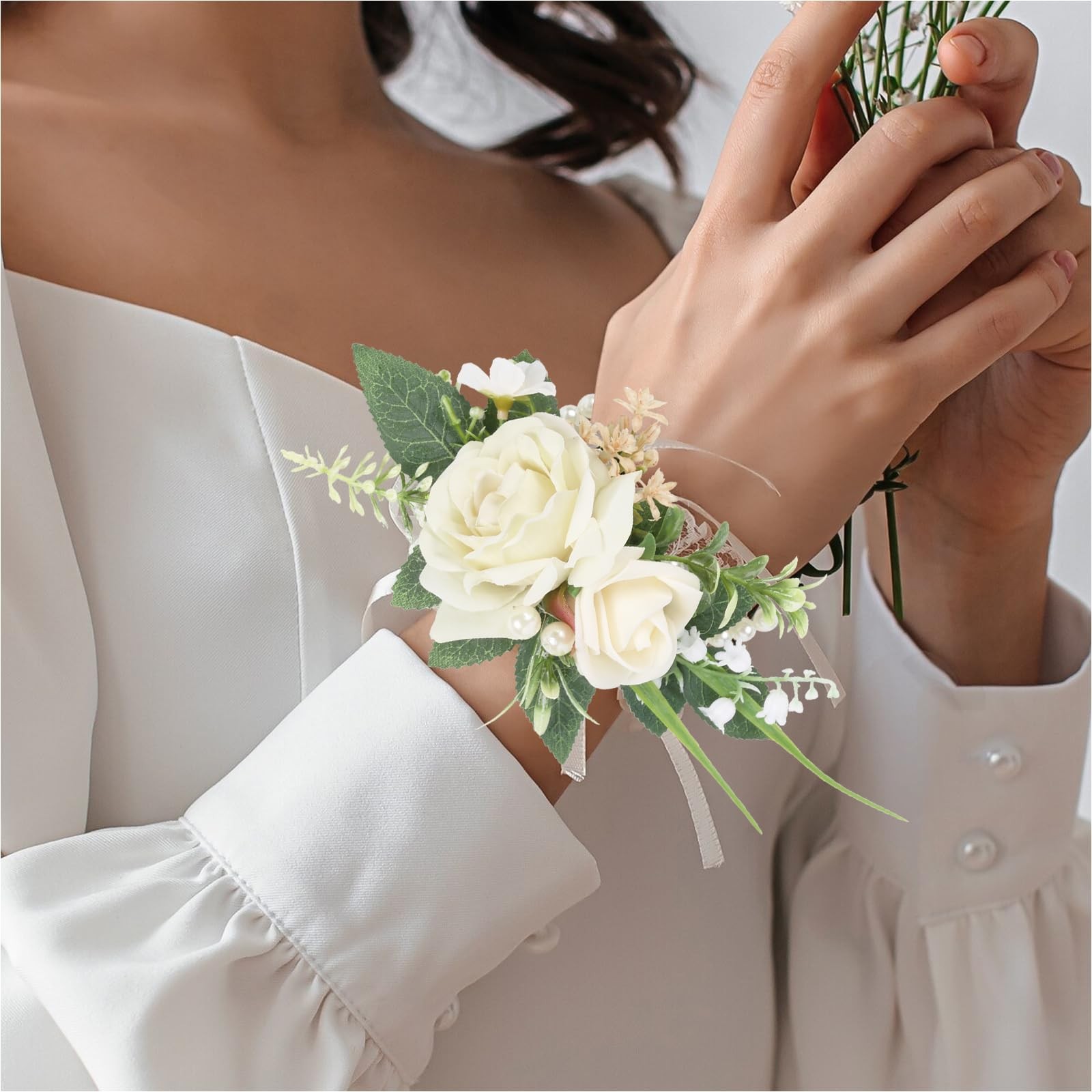 Wrist Corsage Boutonniere Set Ivory Rose Artificial Flowers Prom Wedding Decor