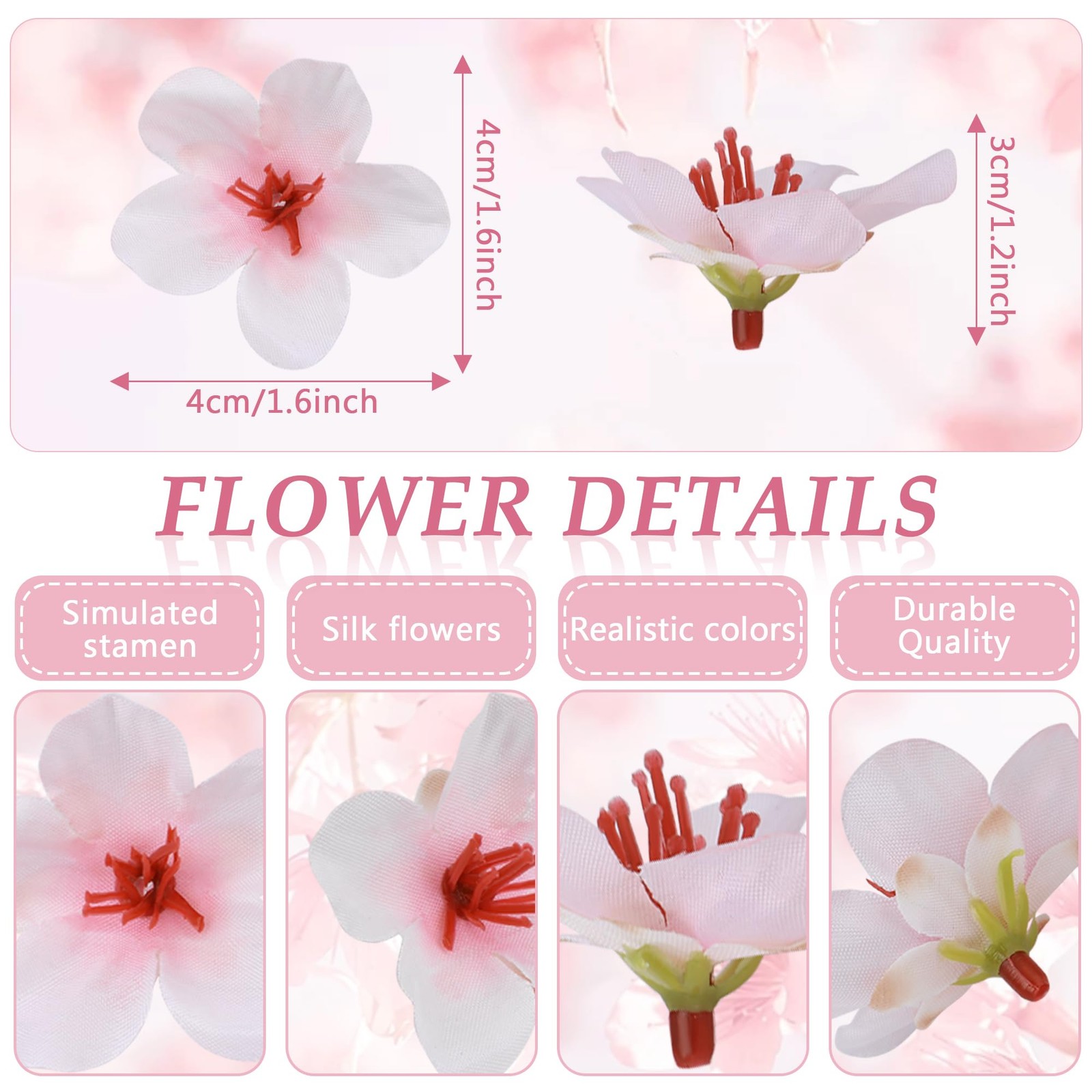 100 PCS Pink Cherry Blossom Heads Artificial Silk Mini Flowers 1.6 Inch Decor