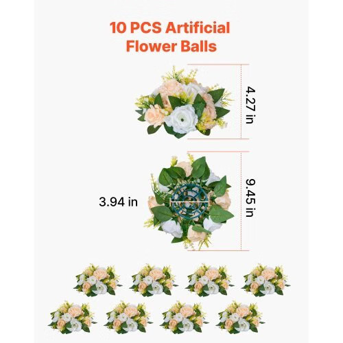 Flower Ball Arrangement Bouquet 10 PCS, 9.5-Inch Diameter Artificial Flower Ball