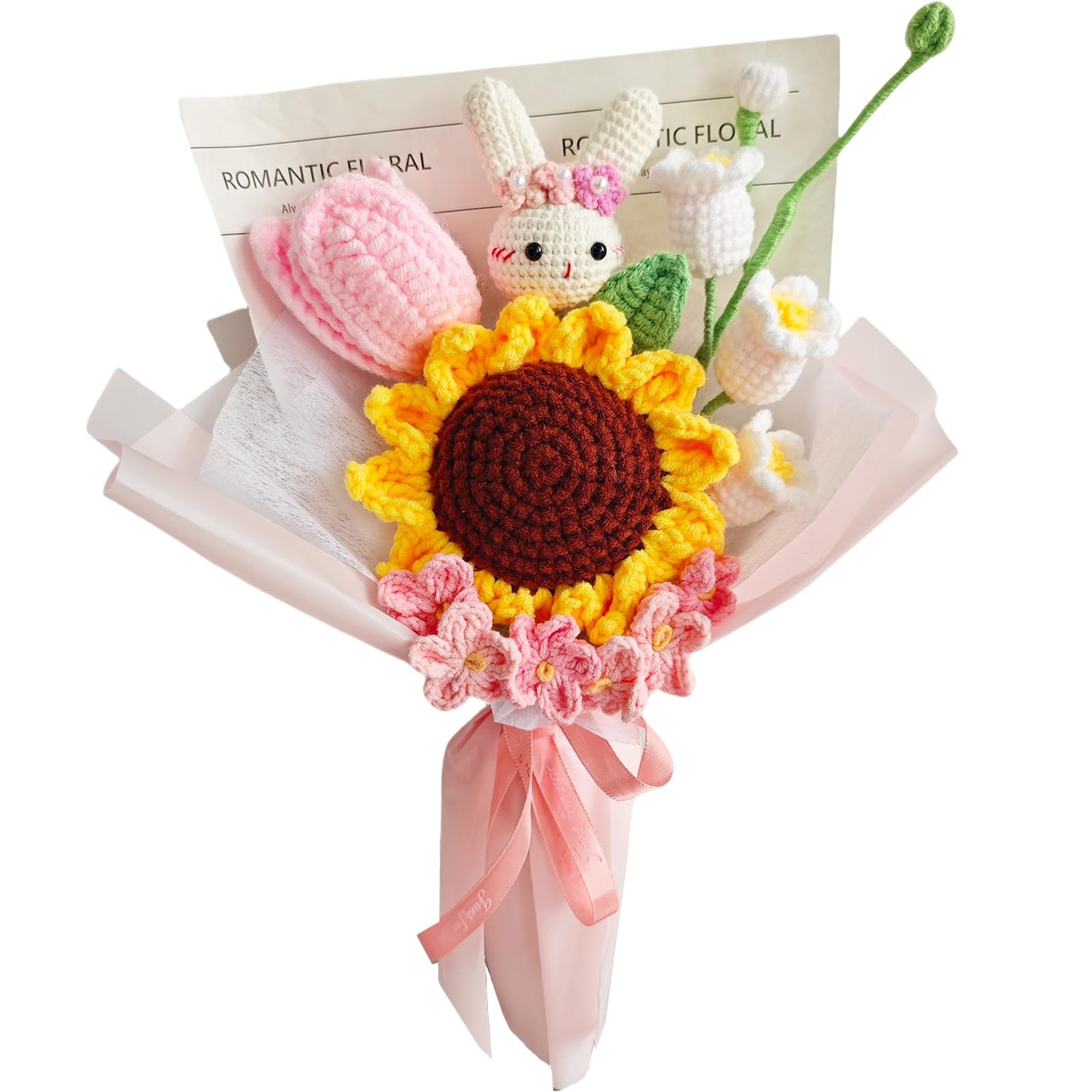 Cute Knitted Bunny Bouquet, Crochet Roses Flower, Flowers Bouquet with Bee, C…