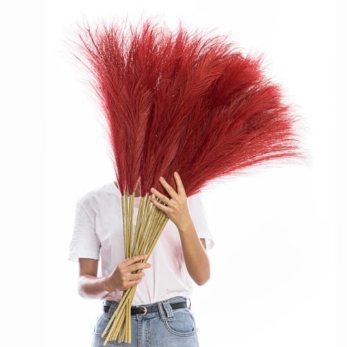 38″ 10 Stems Faux Pampas Grass Tall – Red Tall Pampas Grass Decor Burgundy