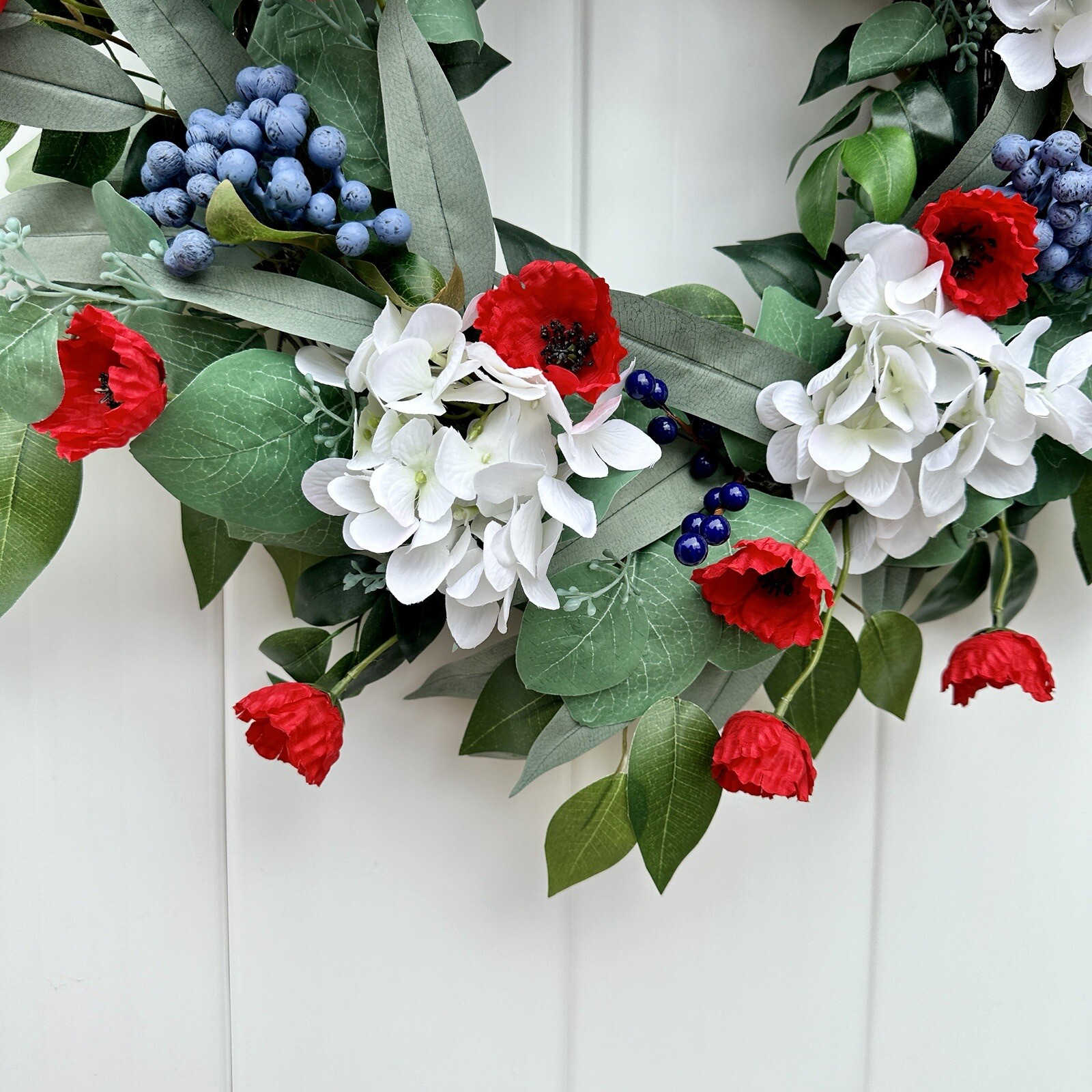 Hydrangea, Red Poppy, Blueberry,and Ficus 22” Wreath