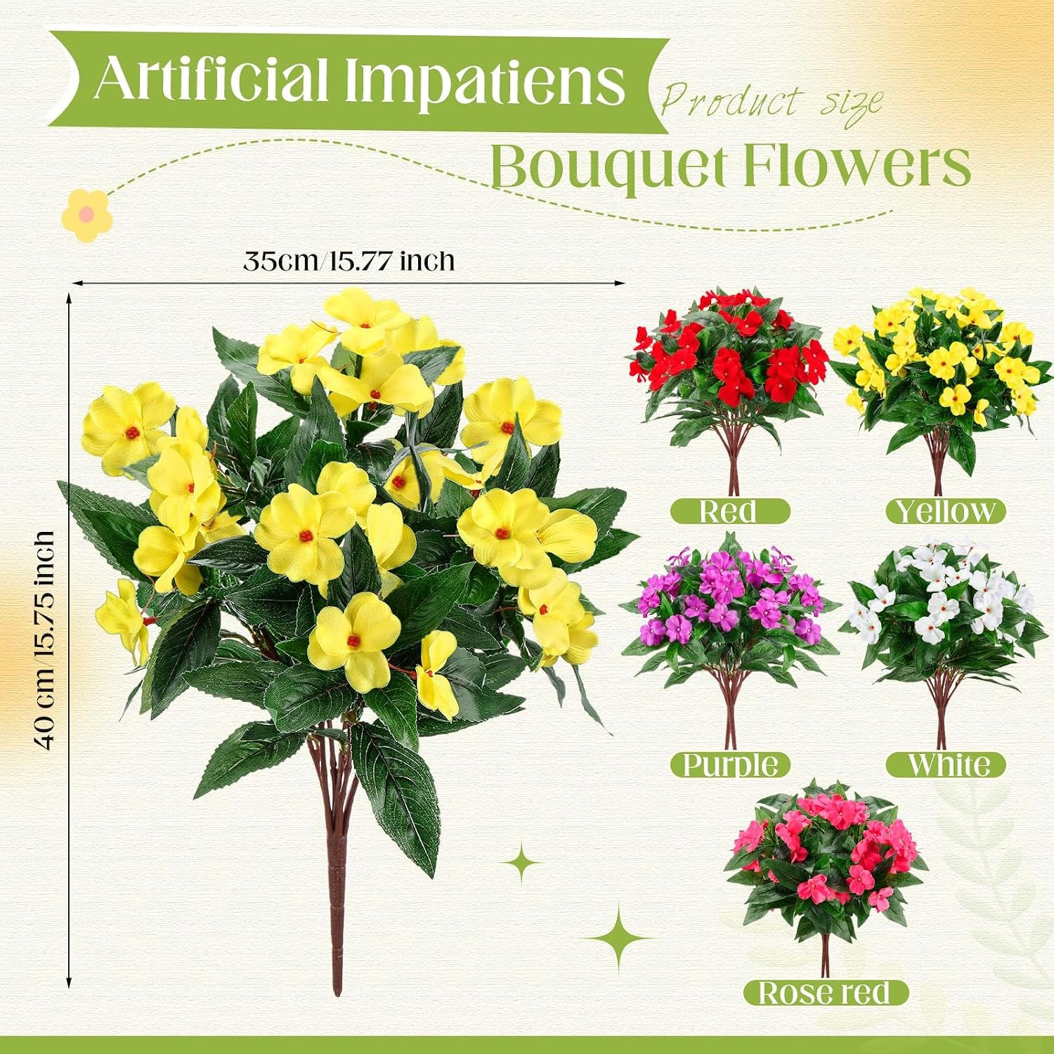 10 Bundles of Colorful Silk Impatiens Flowers for Indoor & Outdoor Decor