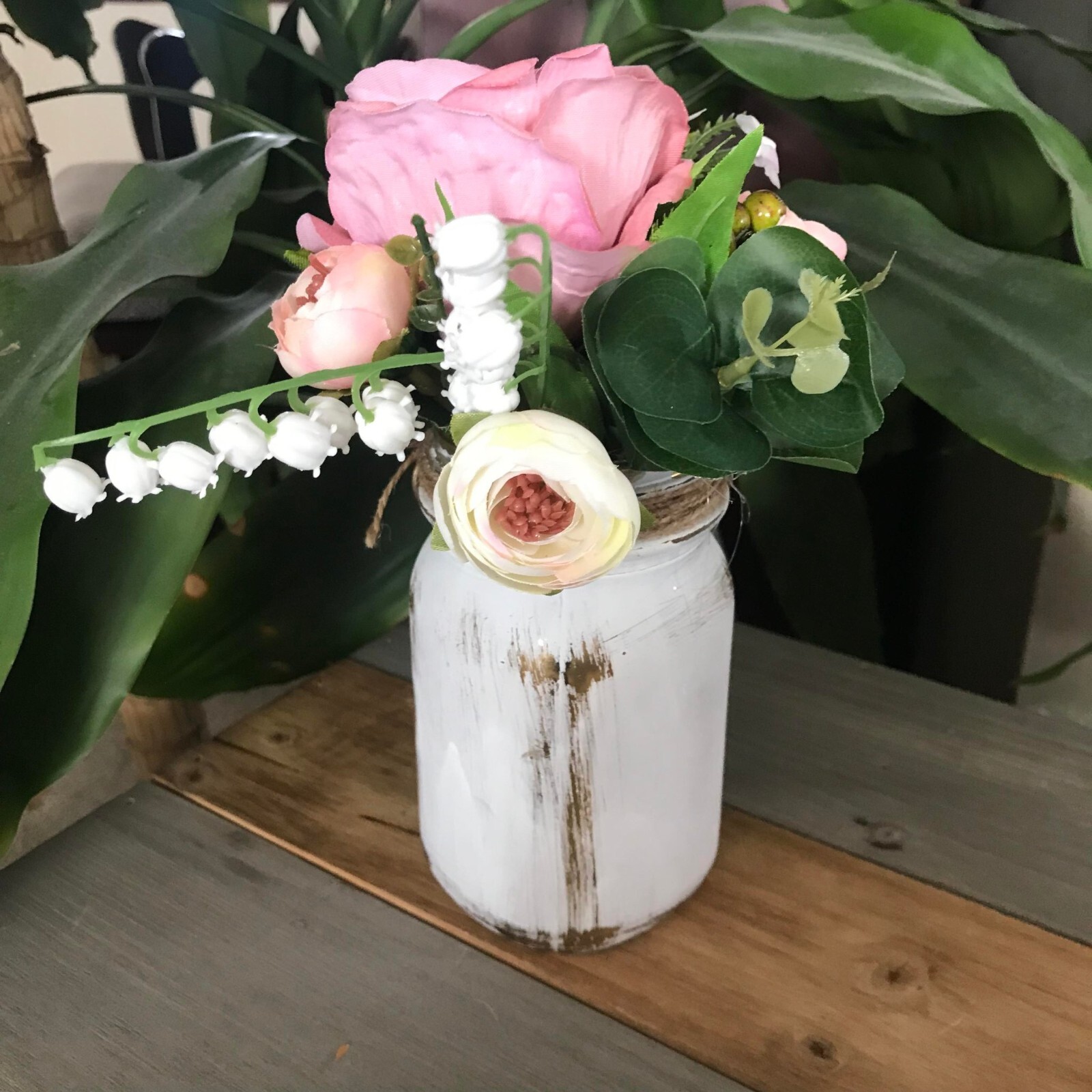 Handmade Pink Floral Arrangement in Distressed White and Metallic Gold Jar