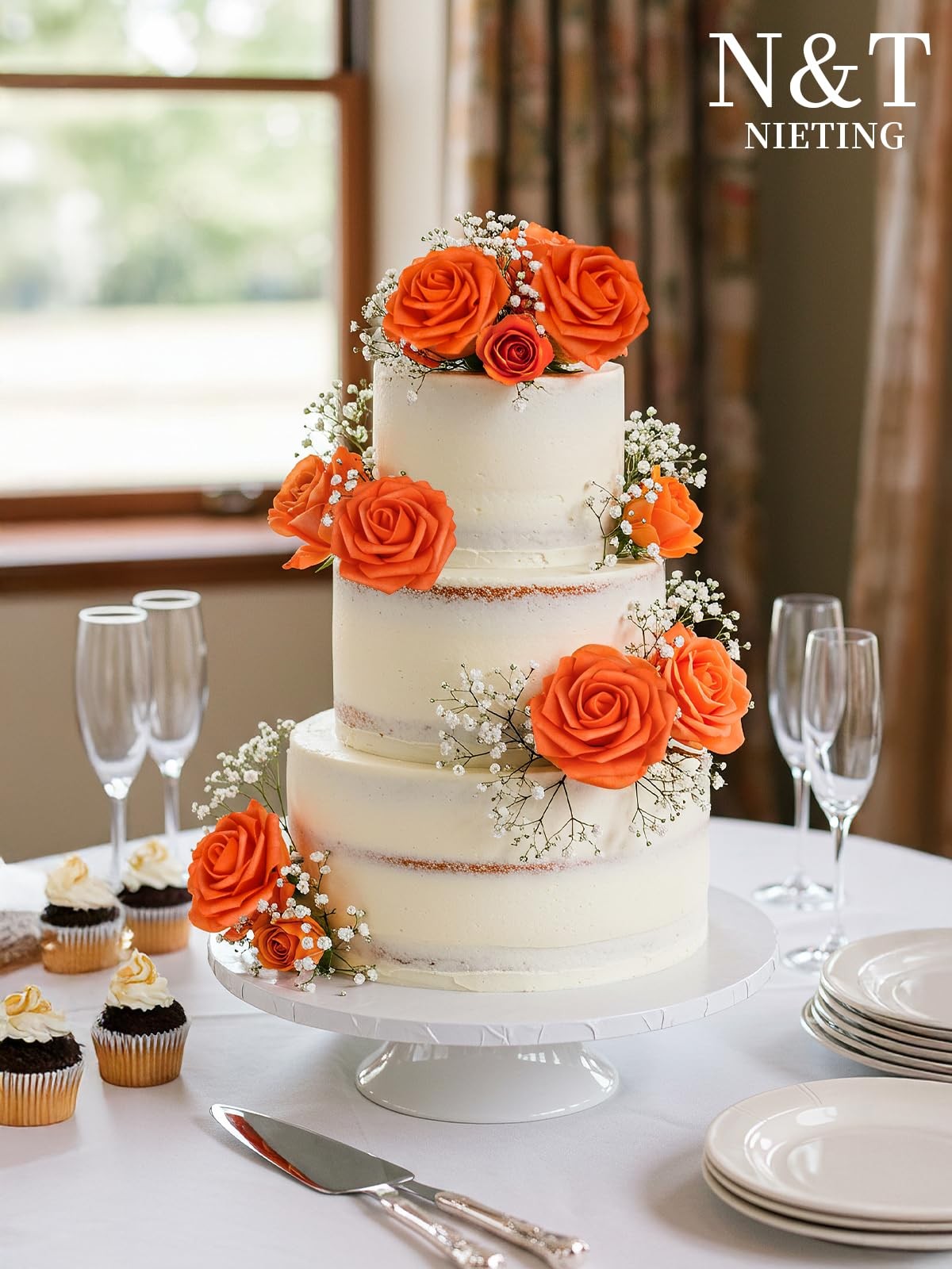 25 PCS Artificial Fall Orange Roses Flowers Wedding Bouquet Centerpiece Decor