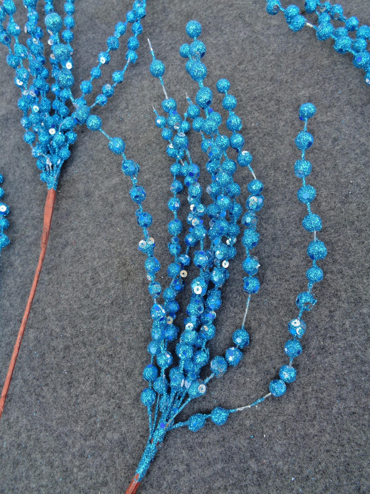 5 – Blue Glittered Bead Stems Floral Picks 14″