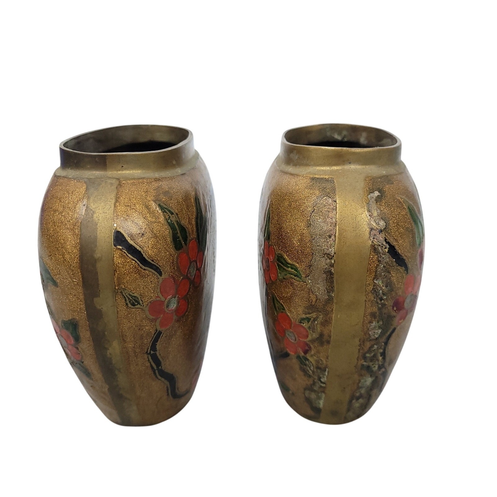 2 Vintage Brass Cloisonné Vases Oval Flat Floral Owls Enamel 4.5″ Boho Handmade