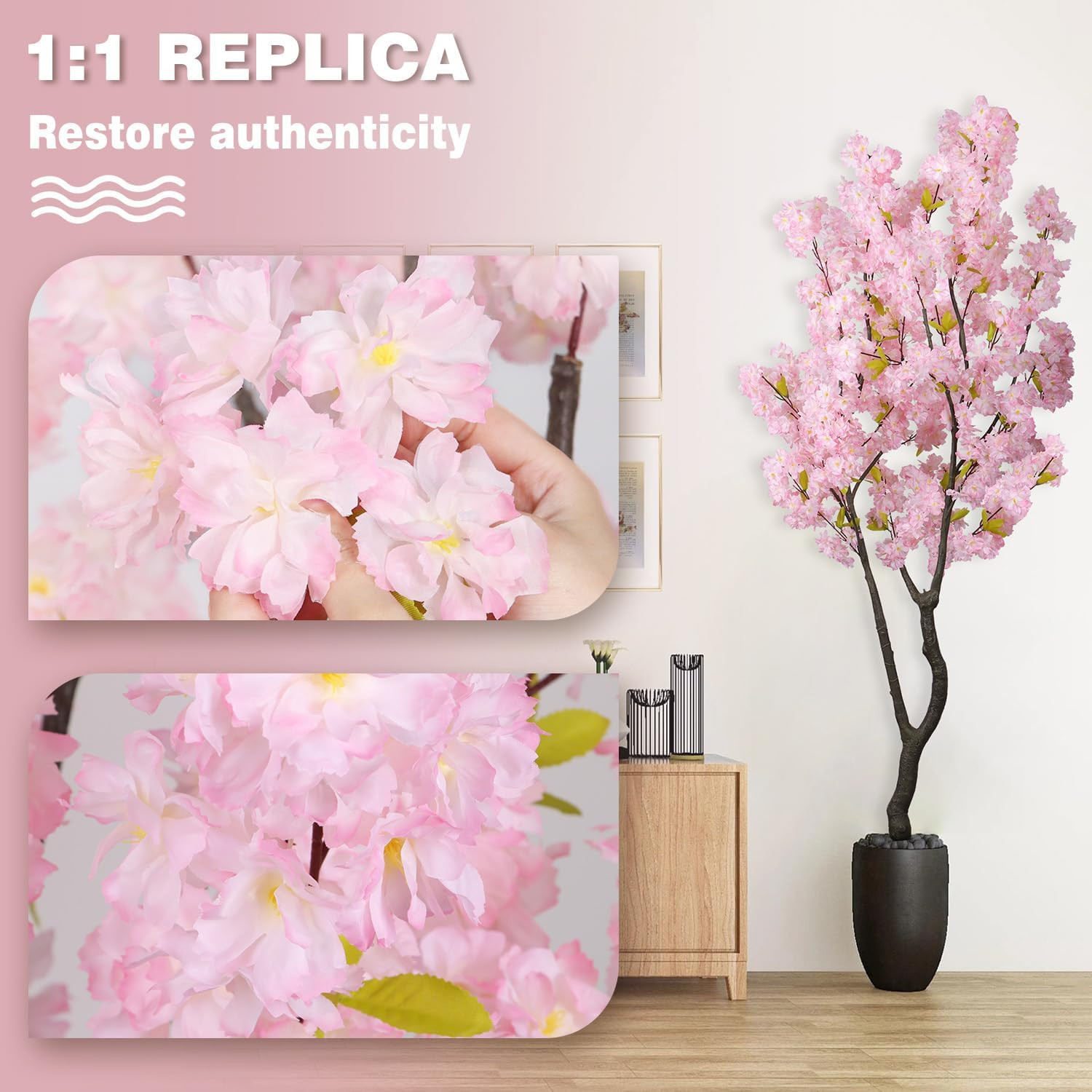 6.56Ft Tall Pink Artificial Cherry Blossom Tree Decor, Fake Silk Flower Plant In