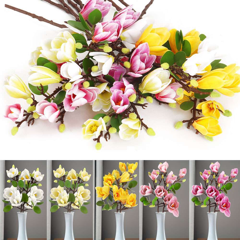 New Stem Artificial Magnolia Flower Fake Bouquet Bunch Home Wedding Party Decor