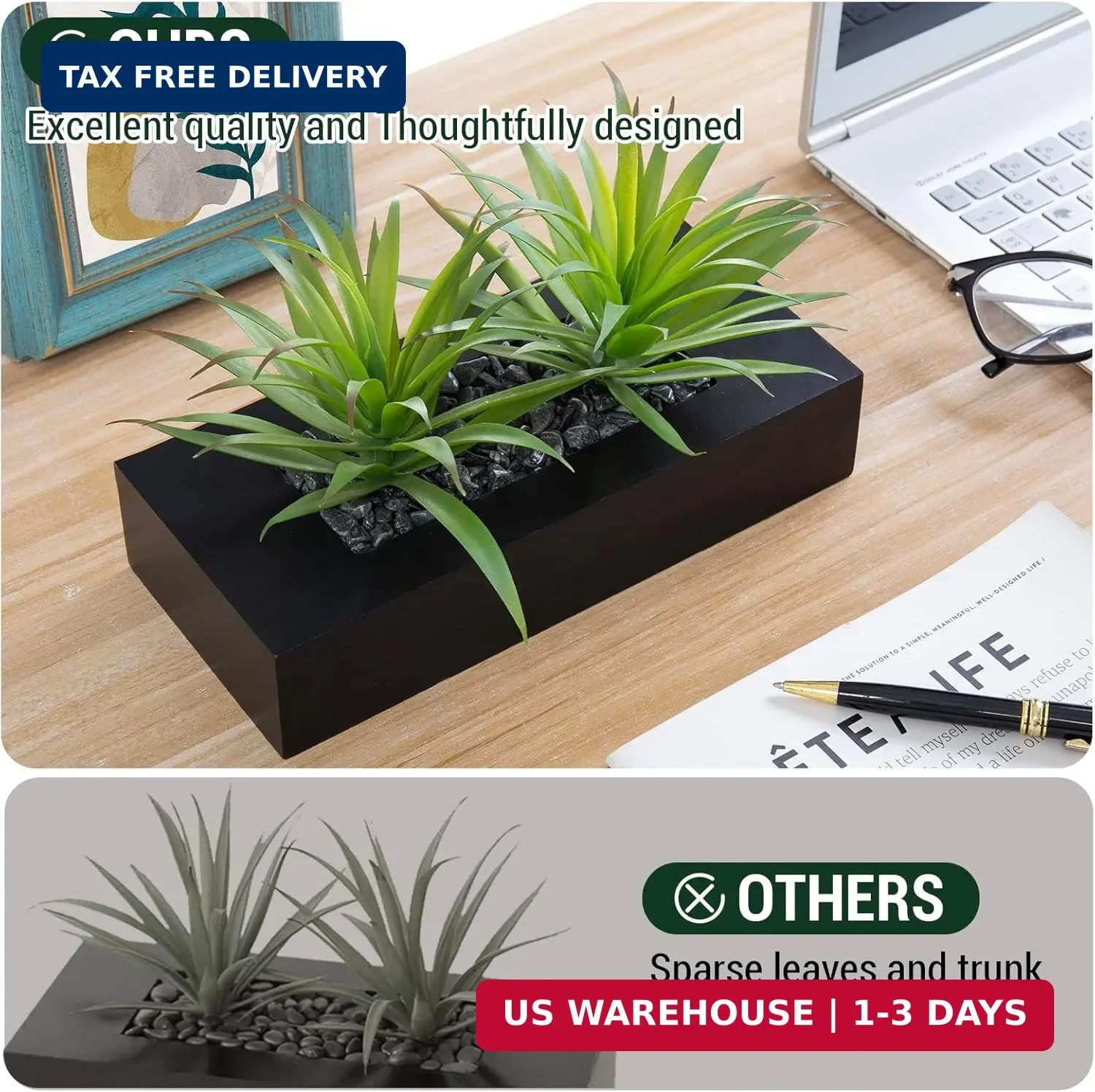 MyGift 10 Inch Fake Green Grass Plant in Rectangular Black Wood Planter | Faux A
