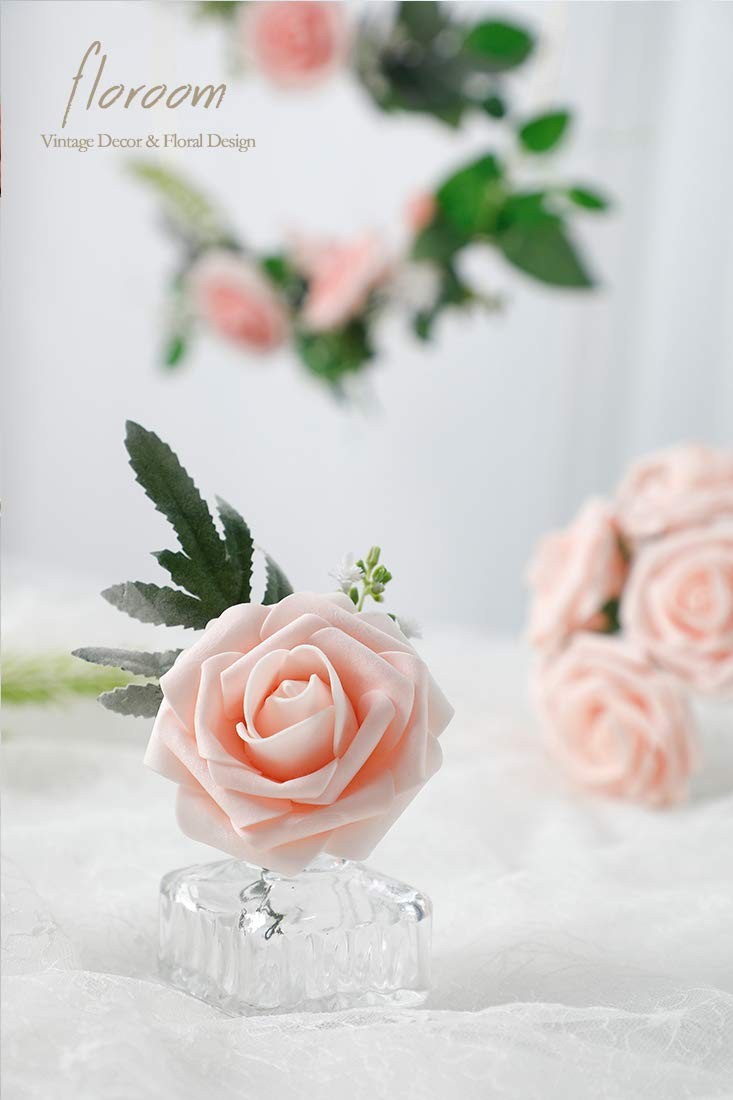 Artificial Flowers 25pcs Blush Foam Fake Roses with Stems for DIY Wedding