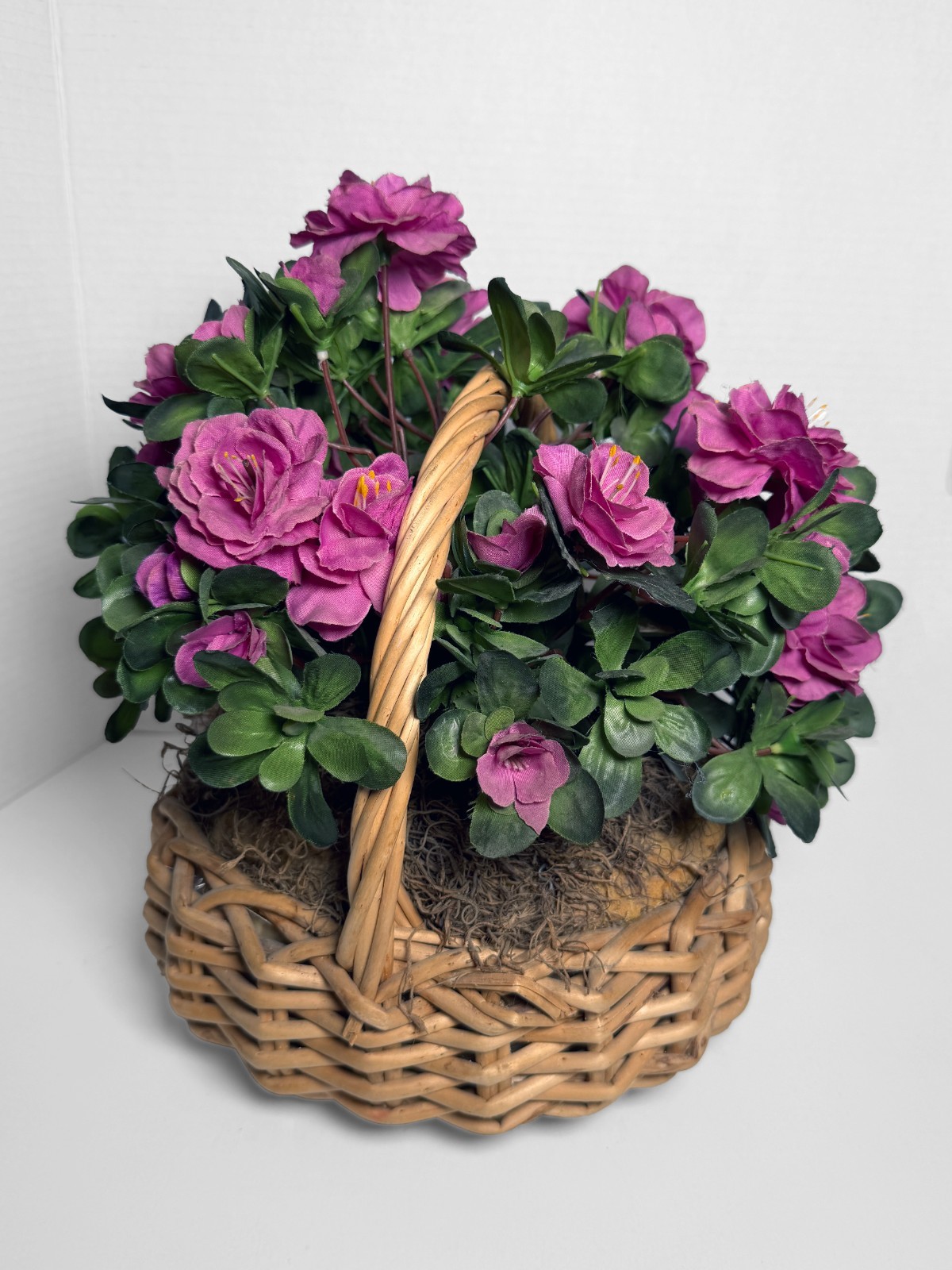 Camellia Artificial Flower Arrangement In Wicker Basket VTG 80s Centerpiece 13”h