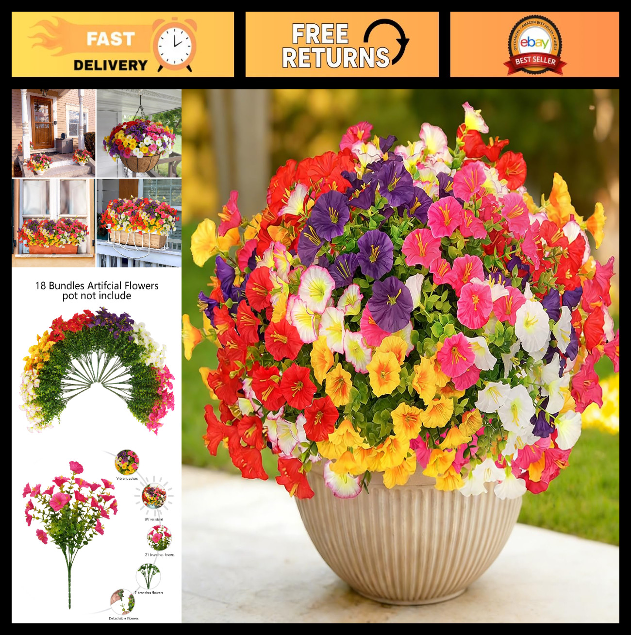 18 Bundles UV Resistant Artificial Flowers – Realistic Silk Morning Glory for Ga