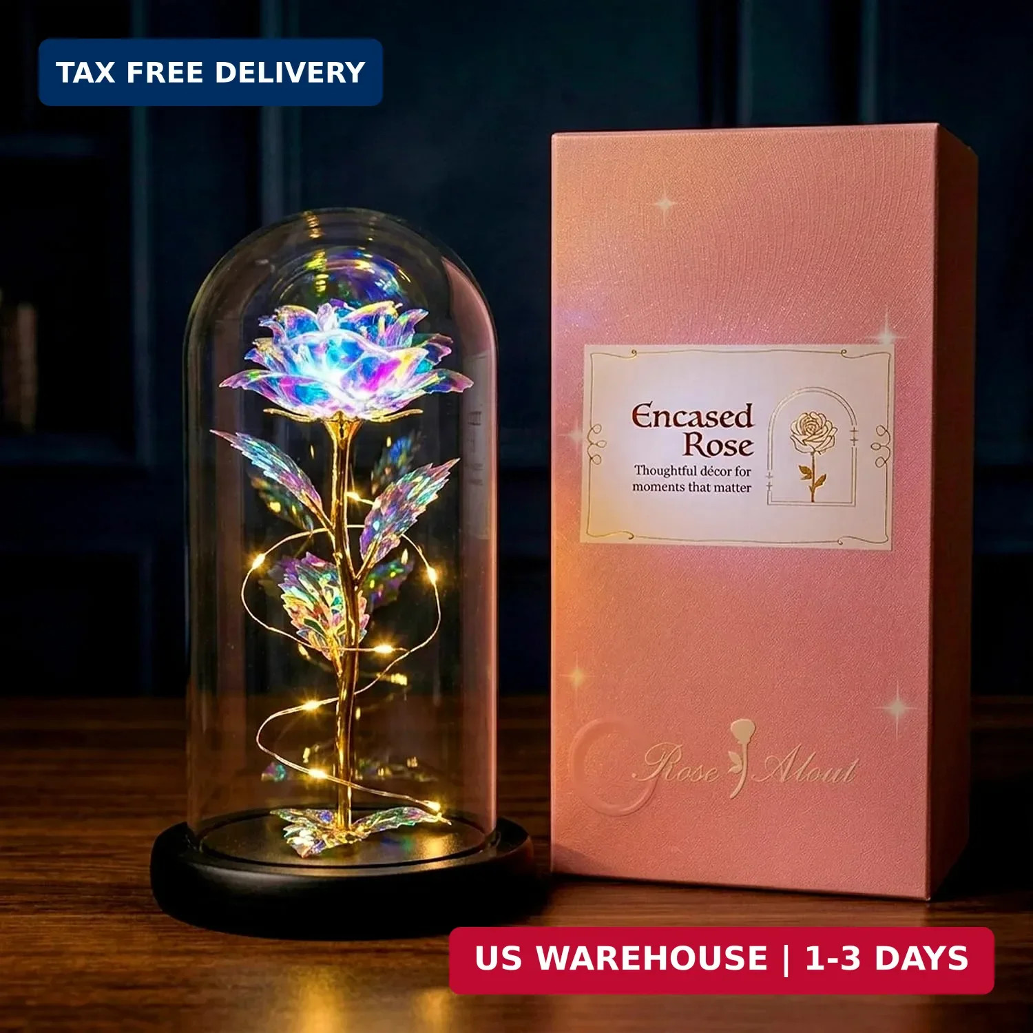 Katchon, Galaxy Glass Rose in Glass Dome – Light up Crystal Rose Forever Flower