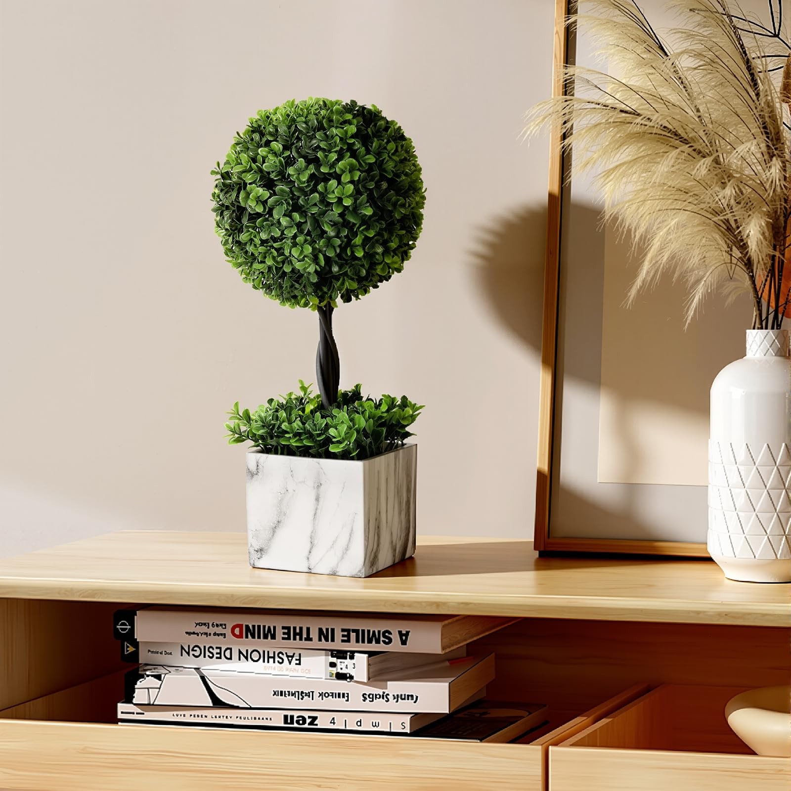 16” Artificial Topiary Ball Tree, Small Potted Fake Plants, Artificial Boxwo…