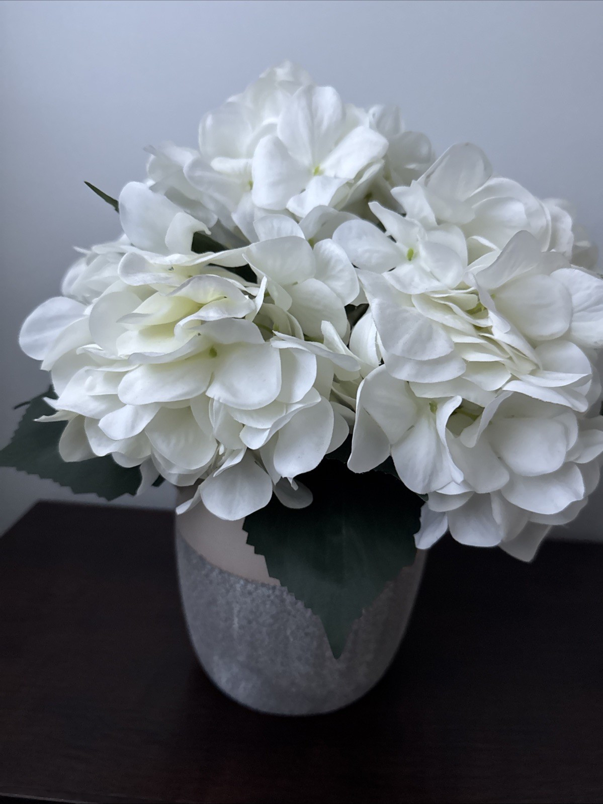 Contemporary Spring Faux Arrangement -White Hydrangea In Pottery Vase