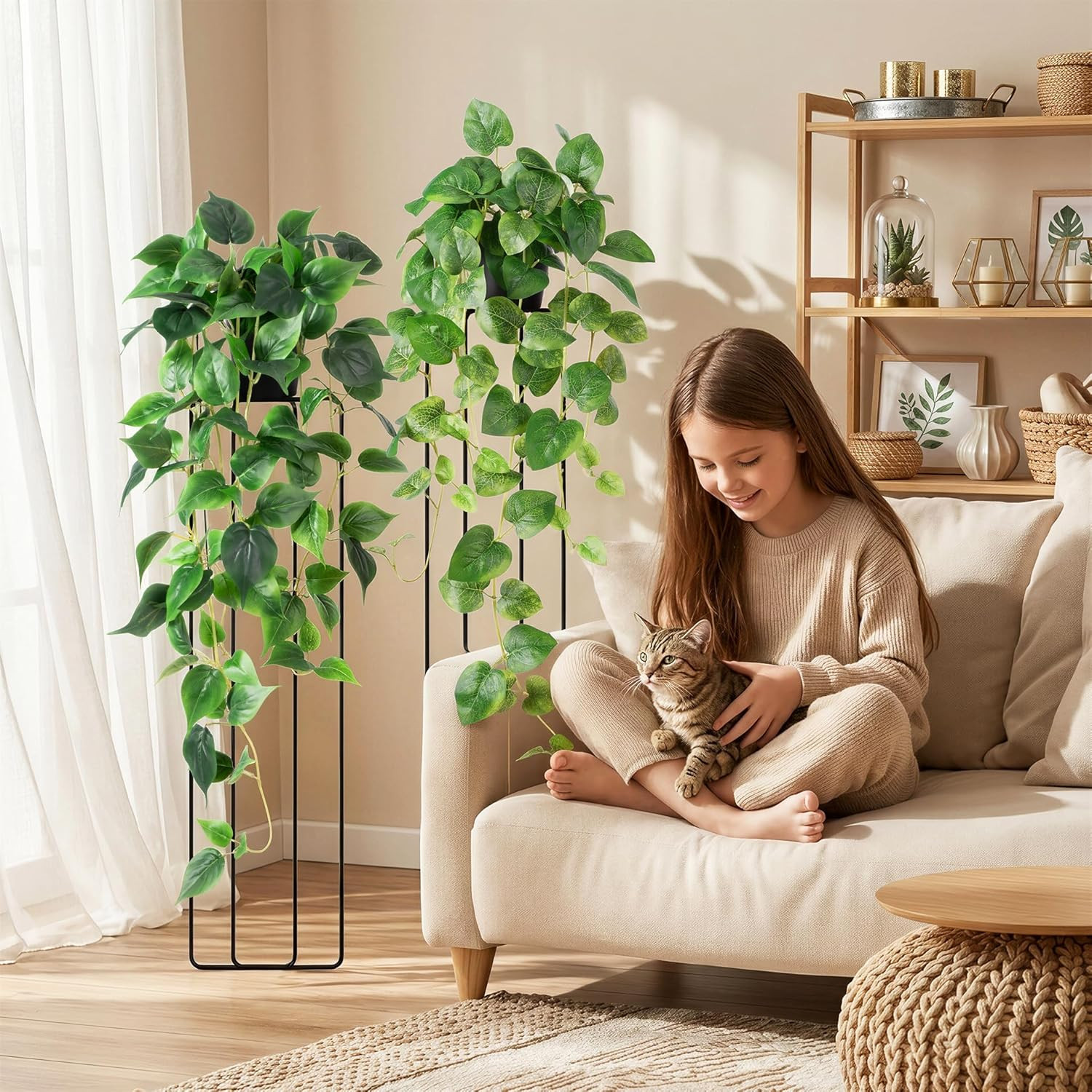 4PC Fake Hanging Pothos Plants with Pots, 33″ Faux Ivy for Home Decor