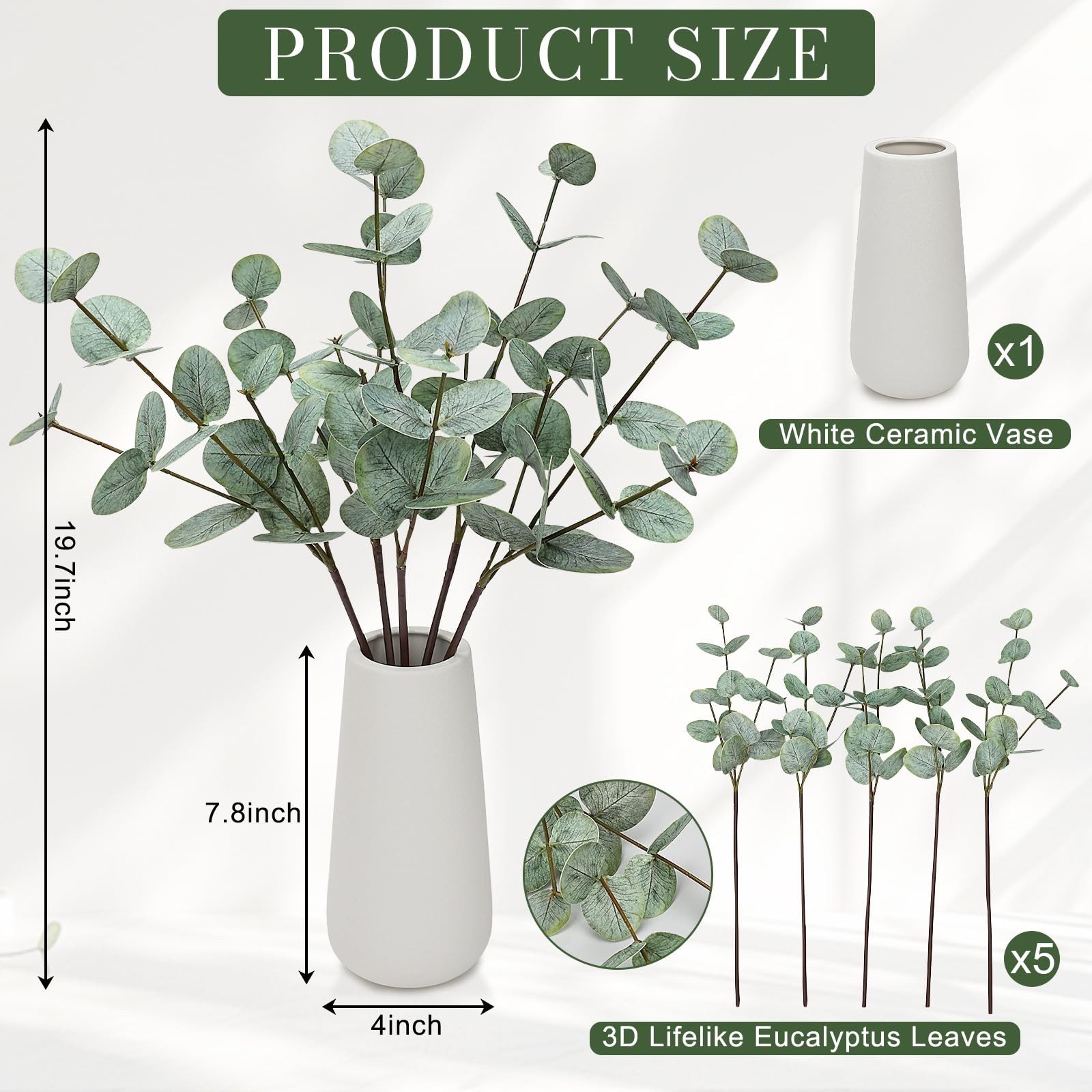 Eucalyptus Stems in Vase, 19 Inch Artificial Eucalyptus with Ceramic Vase Fak…