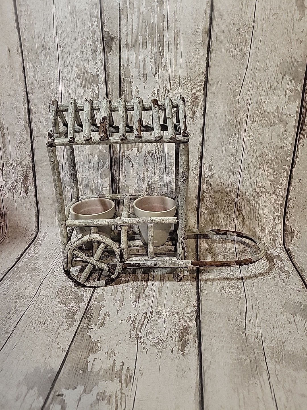 12″ Wood Twig Built Wheel Barrel Planter Flower Pot Decor Farmhouse Rustic