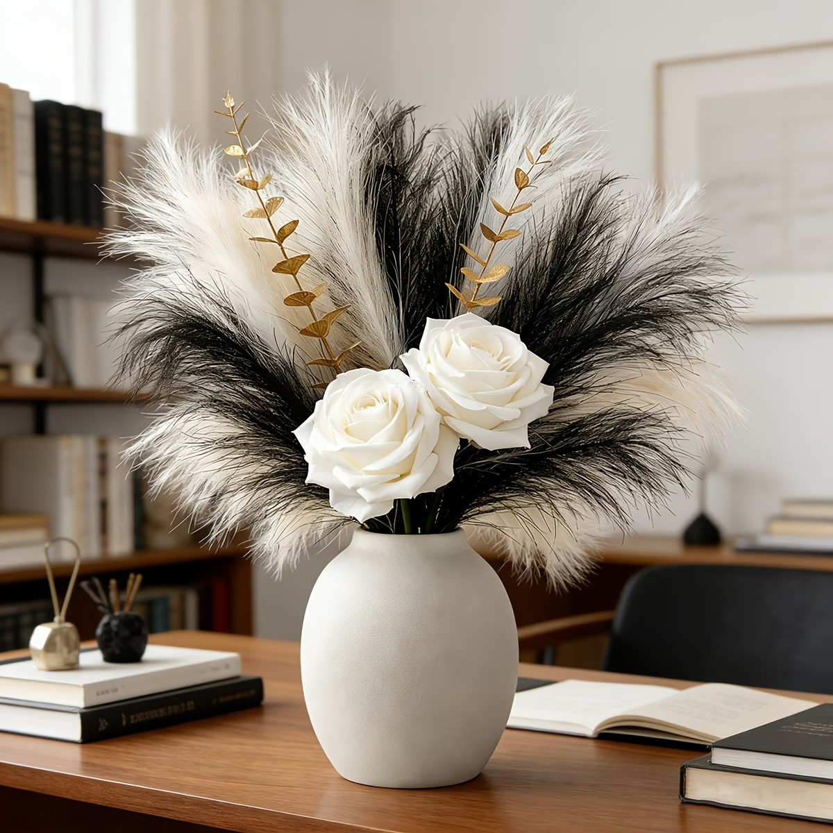 A Set of Artificial White Roses, Artificial White Pampas Grass, Black Pampas.