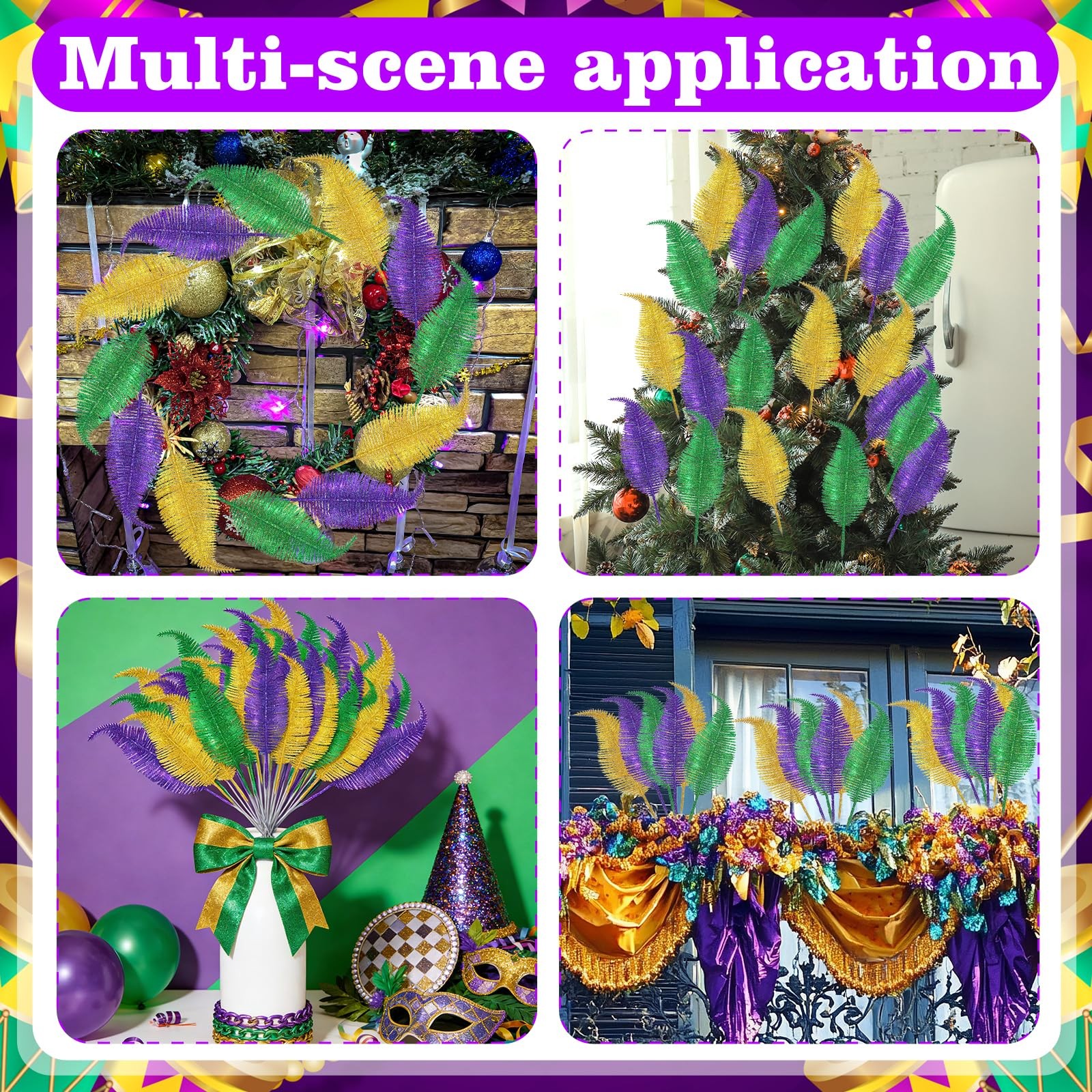 Mardi Gras Feathers Leaves Decorations Green Gold Purple Glitter Picks Bulk f…