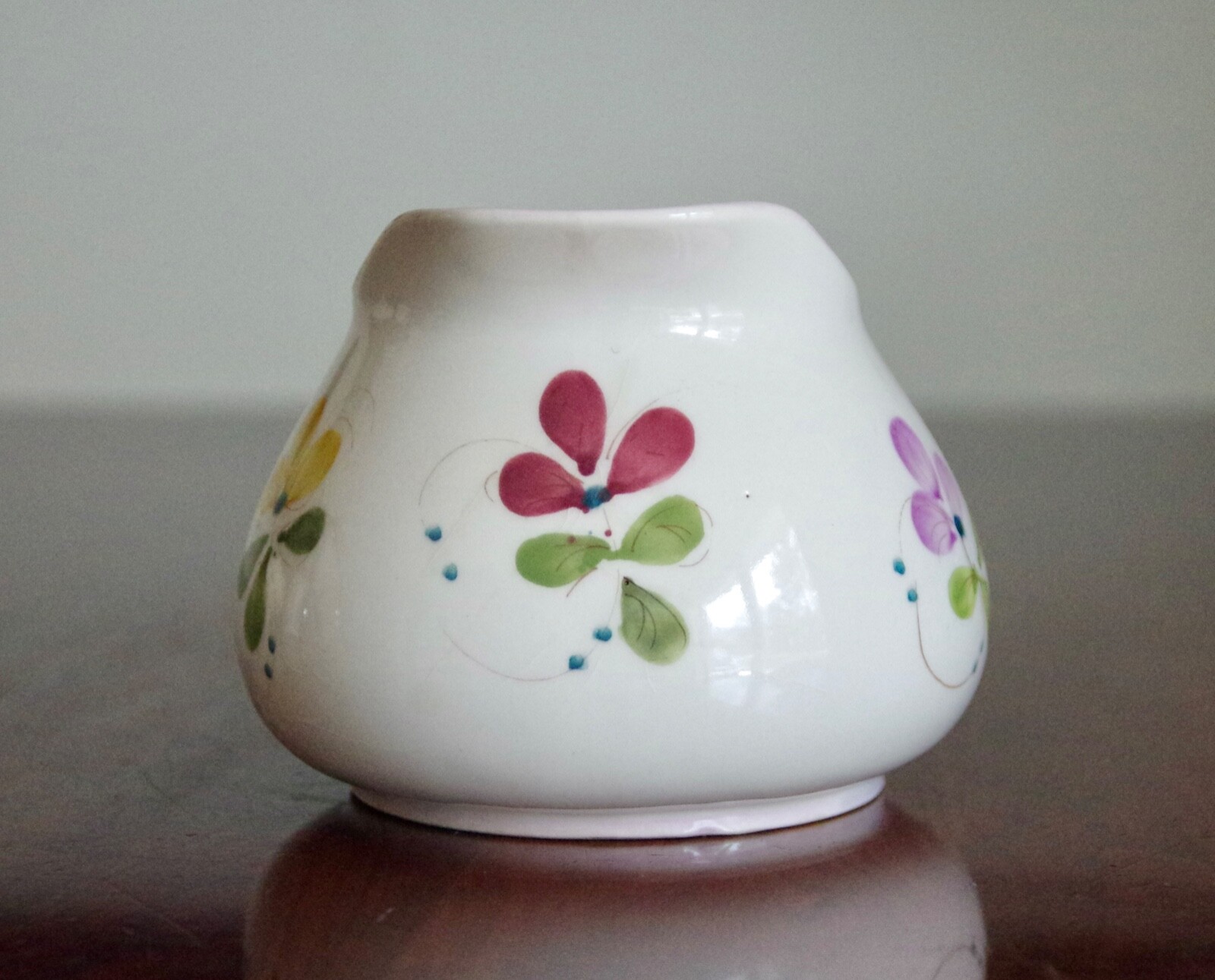 Vintage Hand Painted Portugal Floral Pitcher With Silk Lilac Arrangement