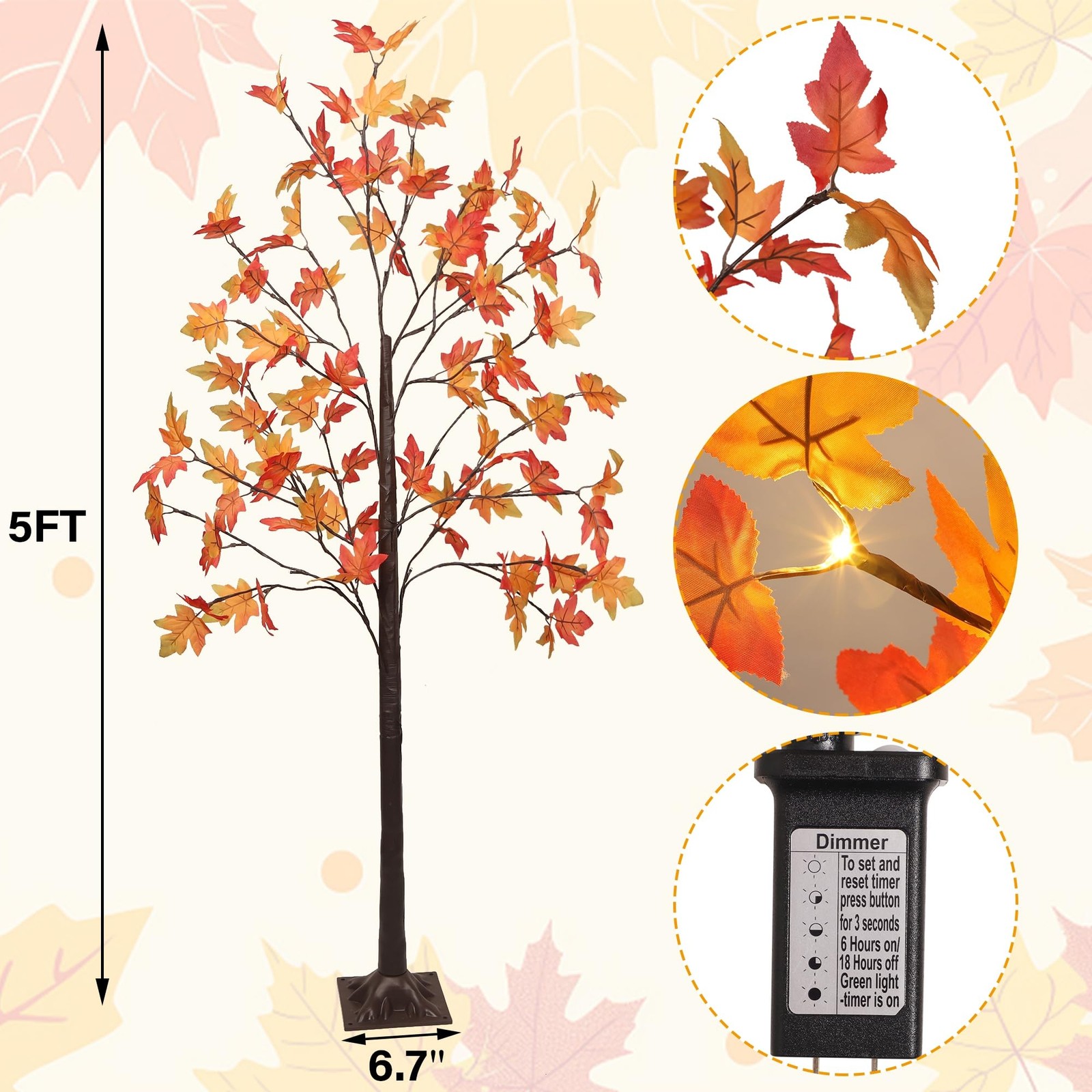 5 FT Lighted Fall Maple Tree, Fall Decorations for Home