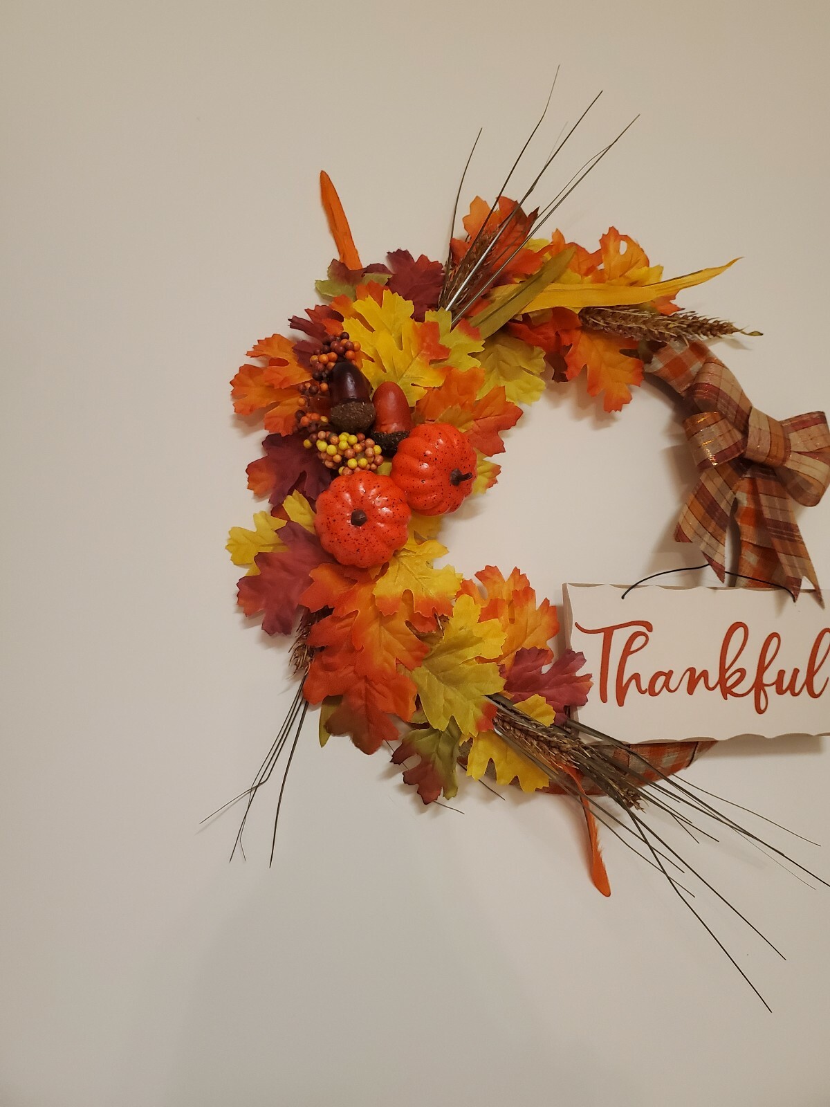 THANKFUL orange yellow FLOWERS pumpkins WREATH FALL autumn Decor Front Door 16″