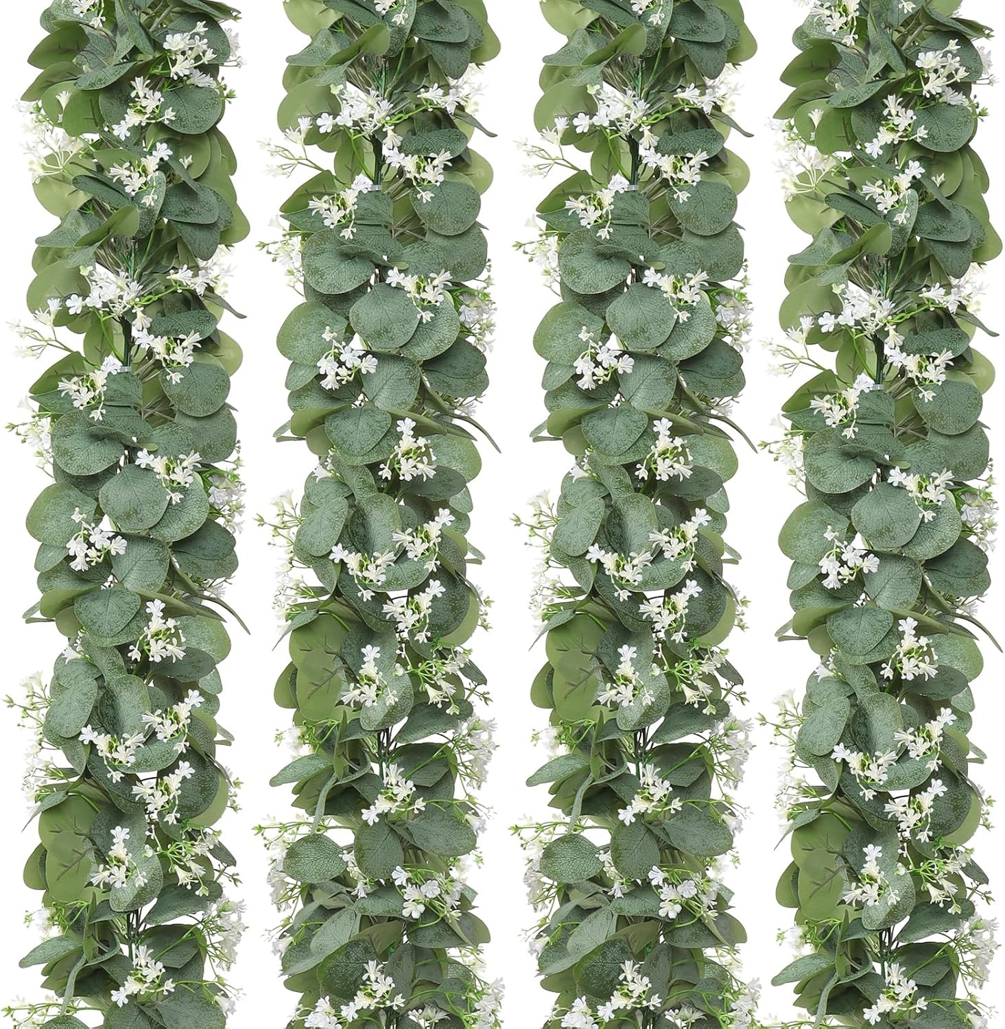 Eucalyptus Garland with White Flowers, 4 Packs 5.9Ft Artificial Silver Dollar Eu