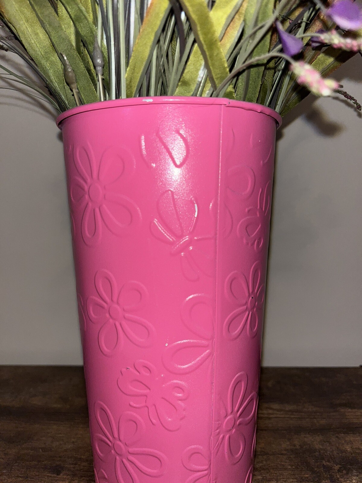Artificial Purple Pink Flower Arrangement, Pink 9” Metal Vase Planter Home Decor