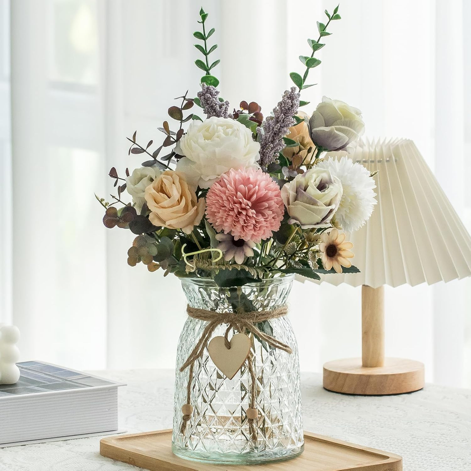 3 Pack Faux Peony Flowers with Vase for Home Decor & Centerpiece Table Decor