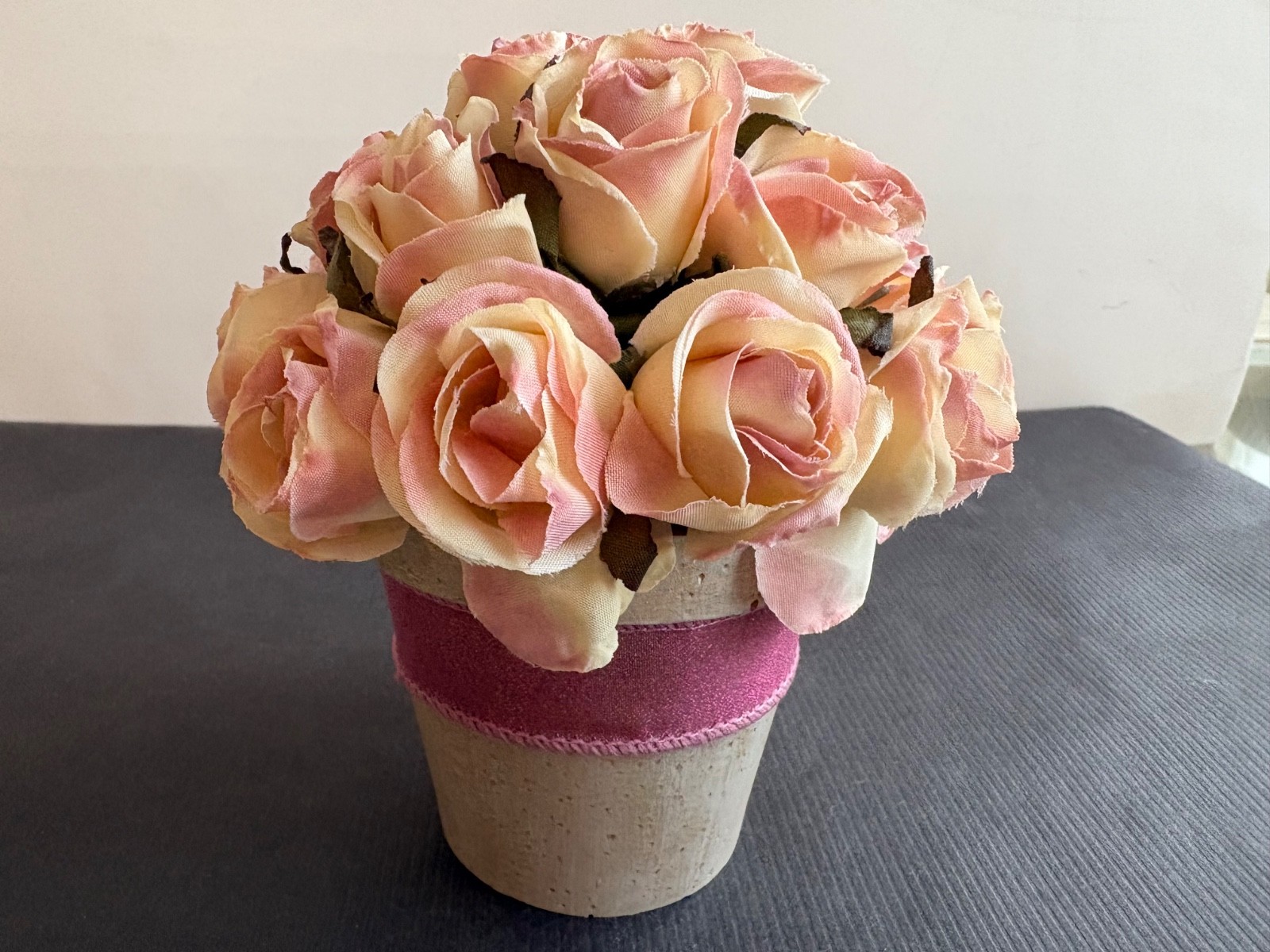 SET of 2 VICTORIAN FAUX ROSES w/ RIBBON BOW 5 1/2″ H x 5 1/2″ W-CREAM & PINK