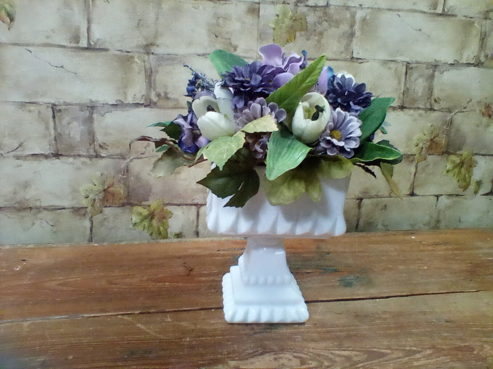 Blue Flower Arrangement in Vintage Milk Glass Pedestal Bowl 12″ Tall by 10″ Wide