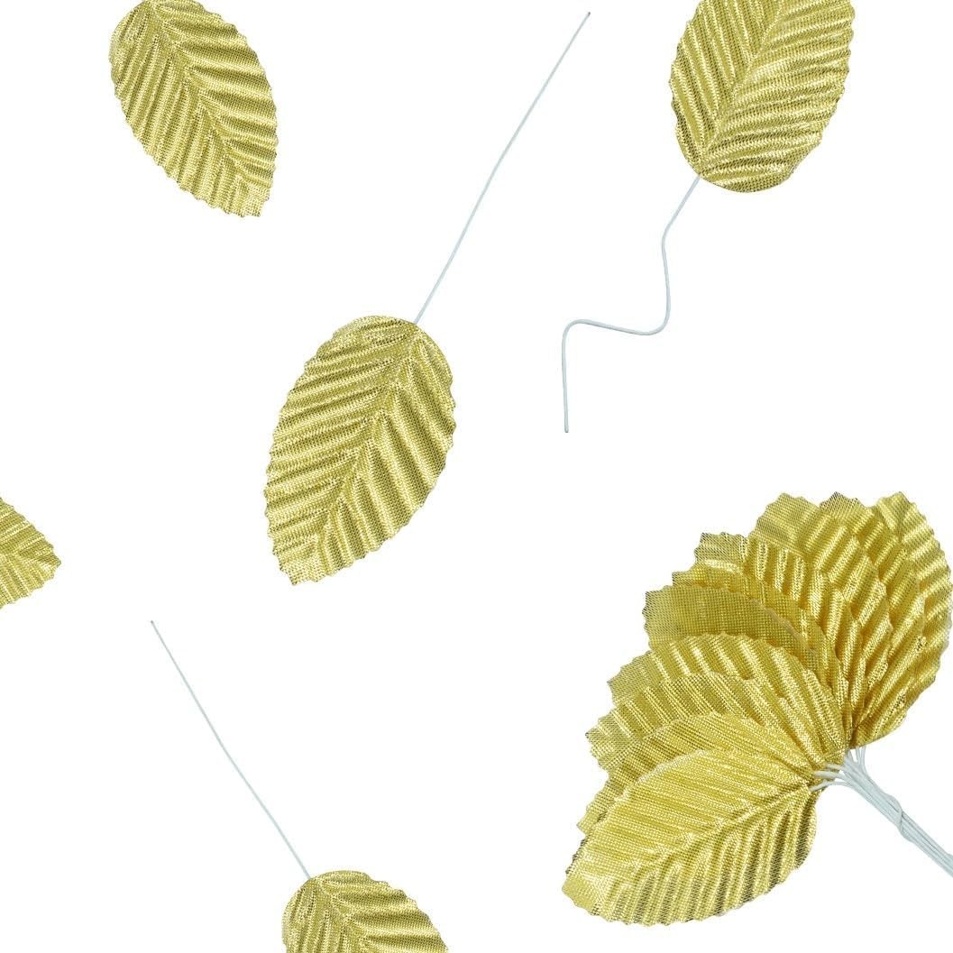 50 PCS Artificial Silk Leaf Fabric Floral Fake Wire Craft Faux Plant Gold
