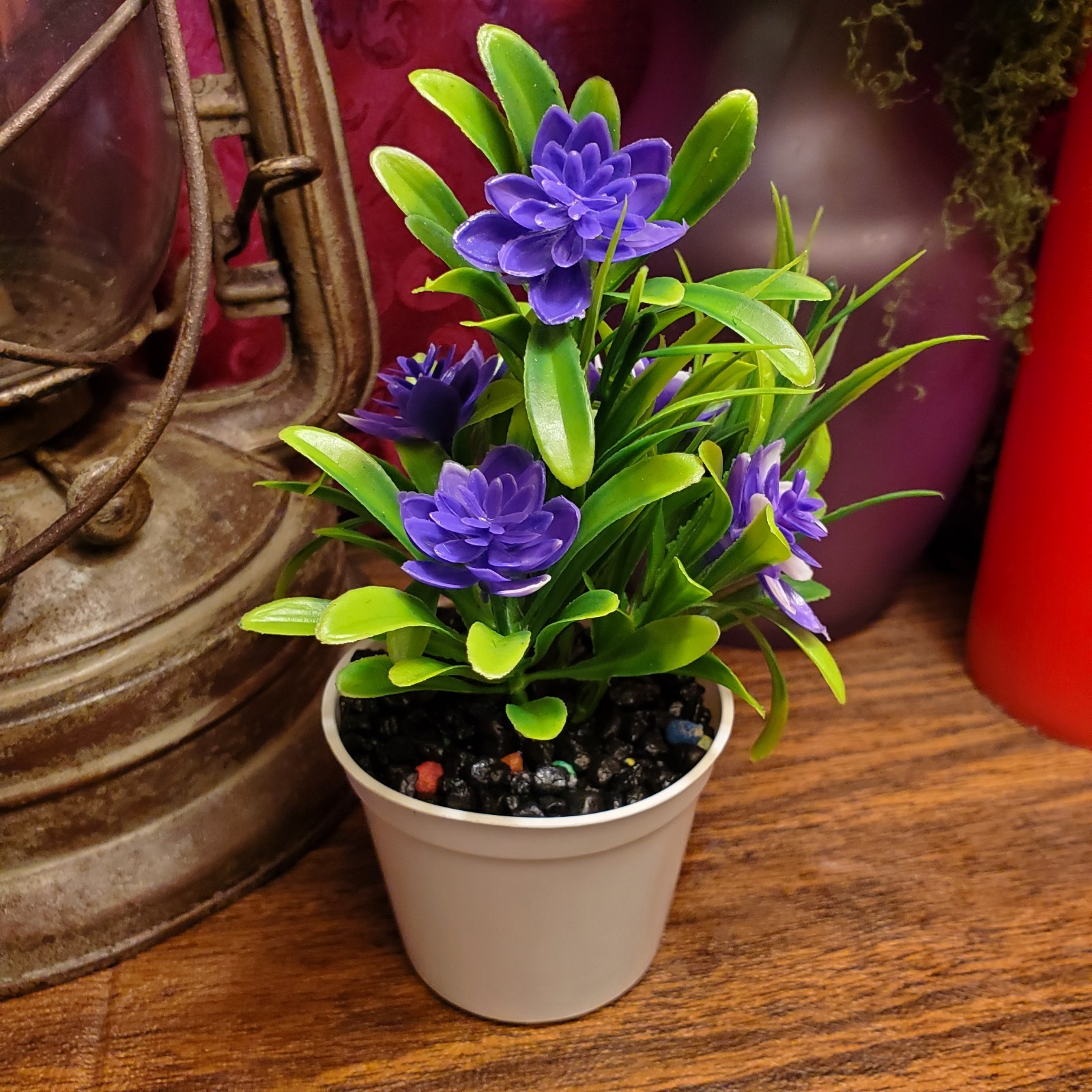 Potted Artificial Mini Purple Lotus Bonsai Plant Faux Desk Decor W/ Rocks 7″ USA