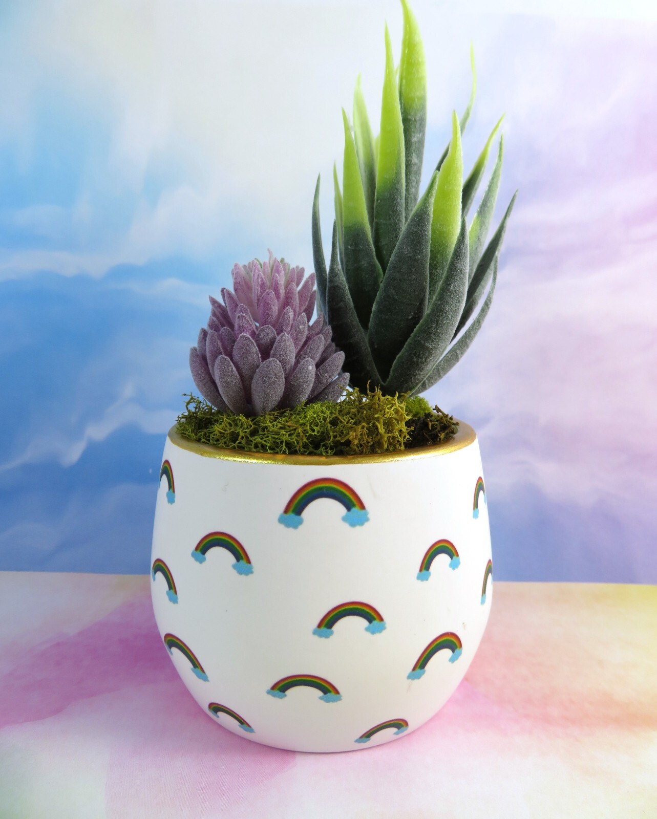 Mini Rainbows Ceramic Planter With Artificial Succulents Gold Rim 2.5 Inch New