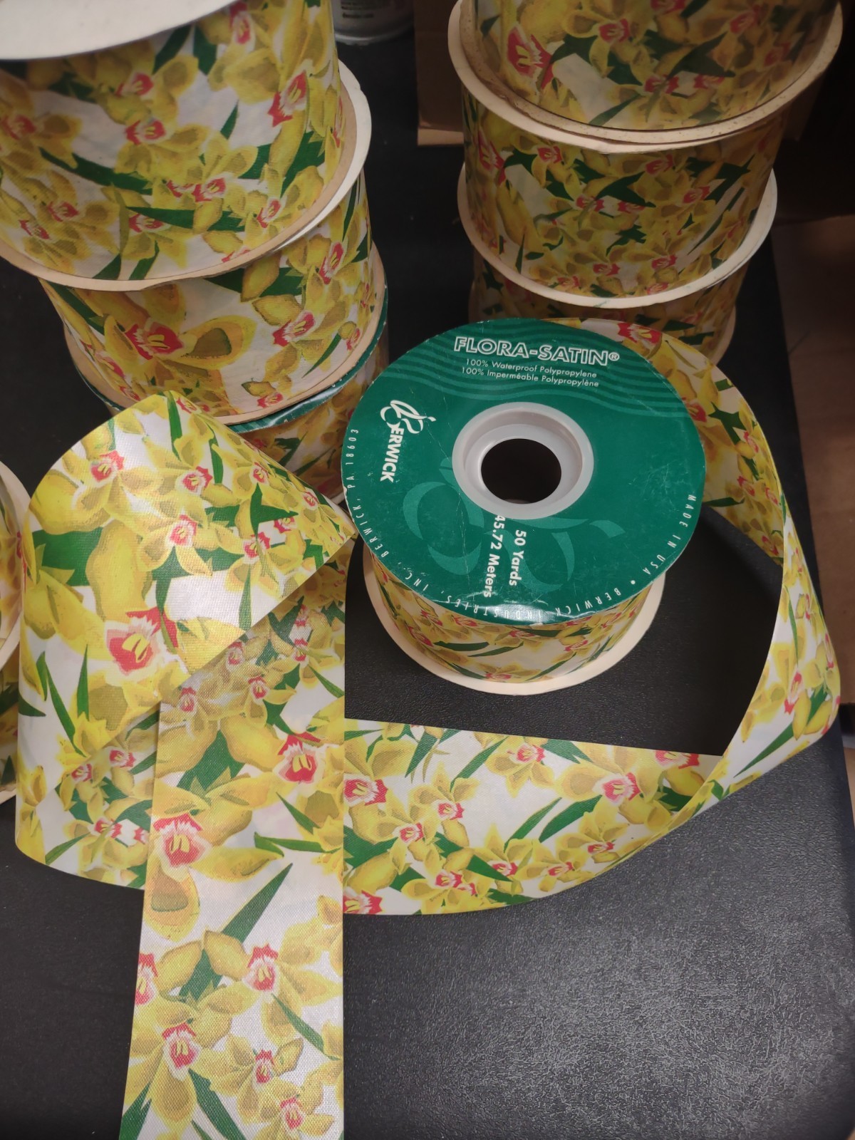 50Yds Berwick Flora-Satin Orchid Ribbon, Yellow & White Cymbidium Orchids 2-3/8″