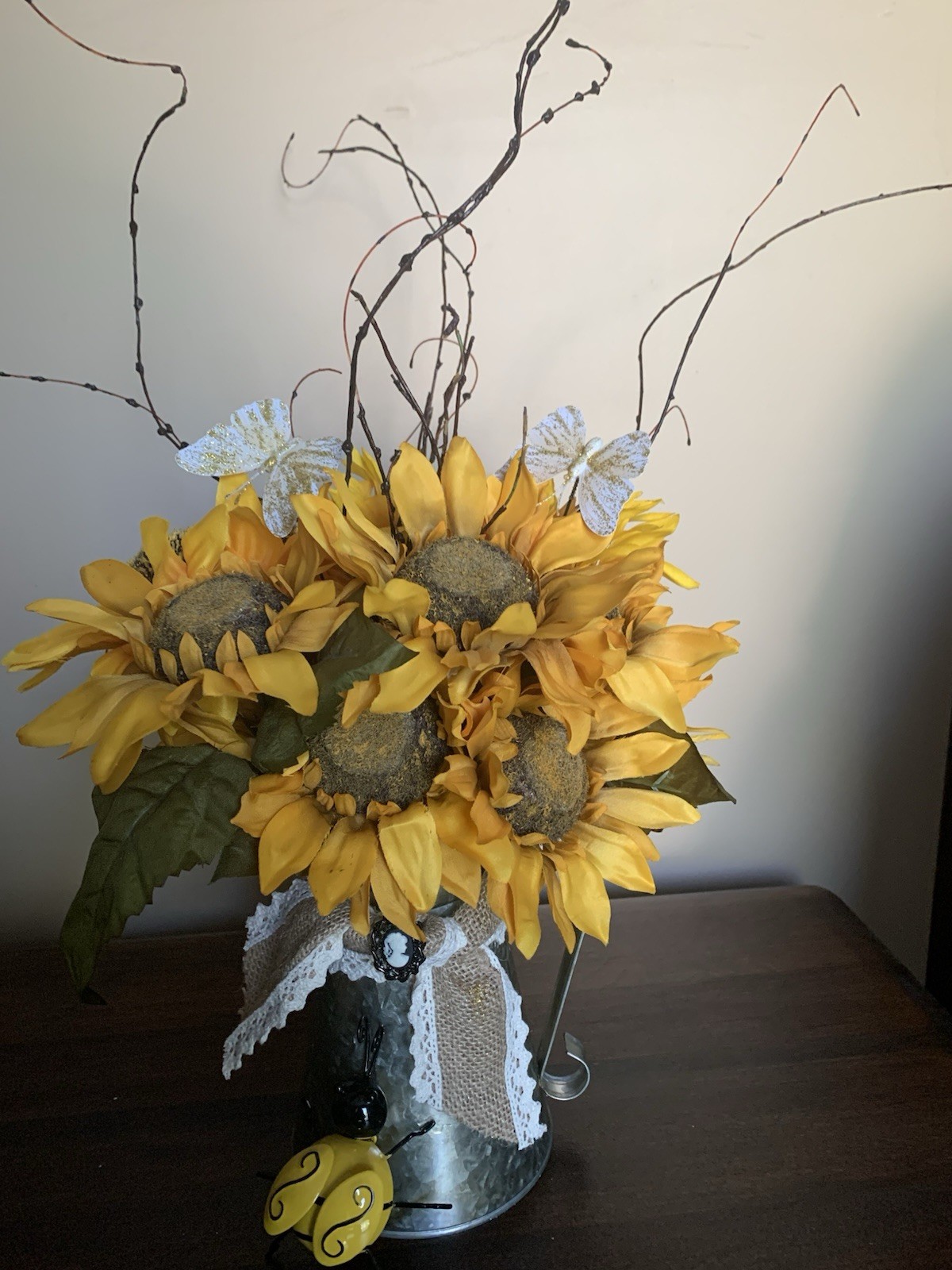 Artificial Sunflower Arrangement in Decorative Metal Bucket with Butterfly Acce…