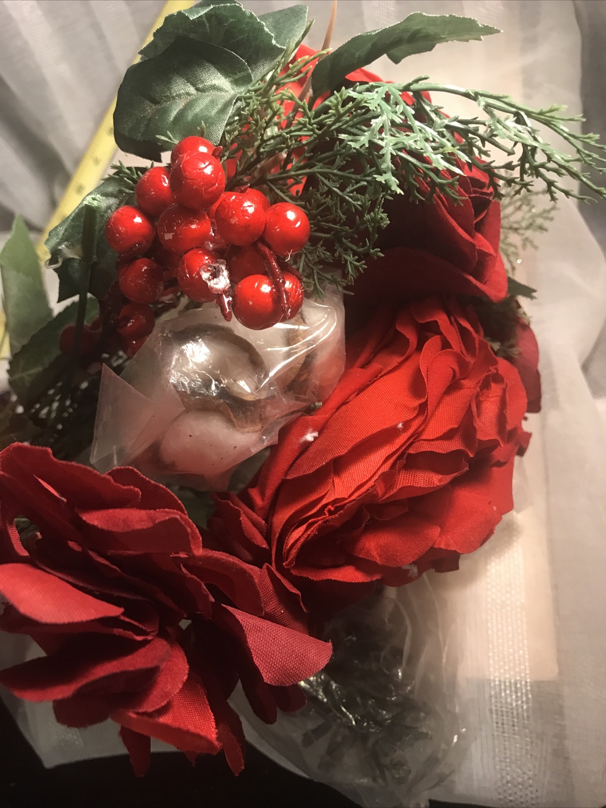 Winter Christmas Rose Cotton Pinecone Bouquet Faux Flower NWT Floral Stem Decor