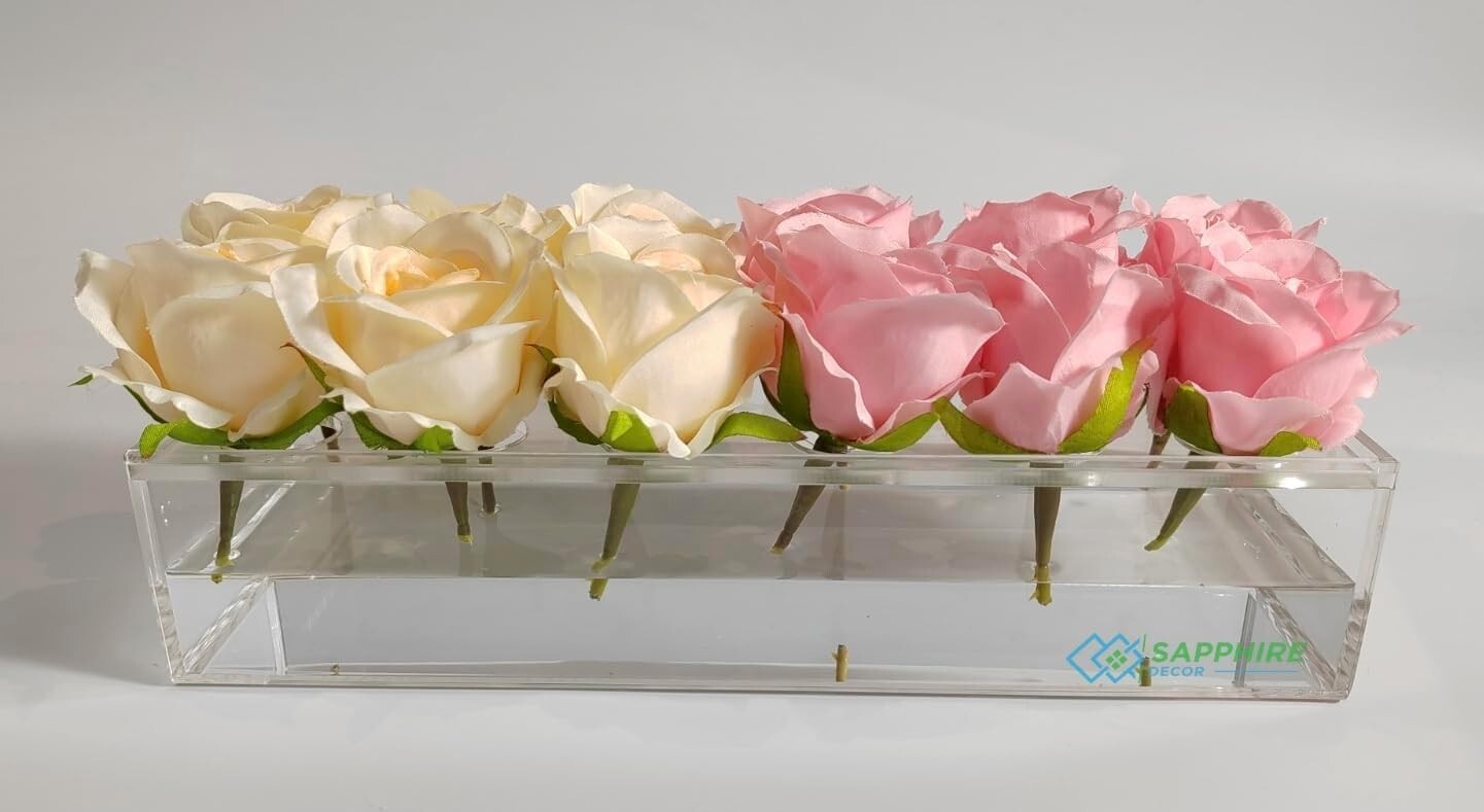 Floral Centerpiece in Glass Vase Hydrangea and Rose Flowers 11 x 10 Inches