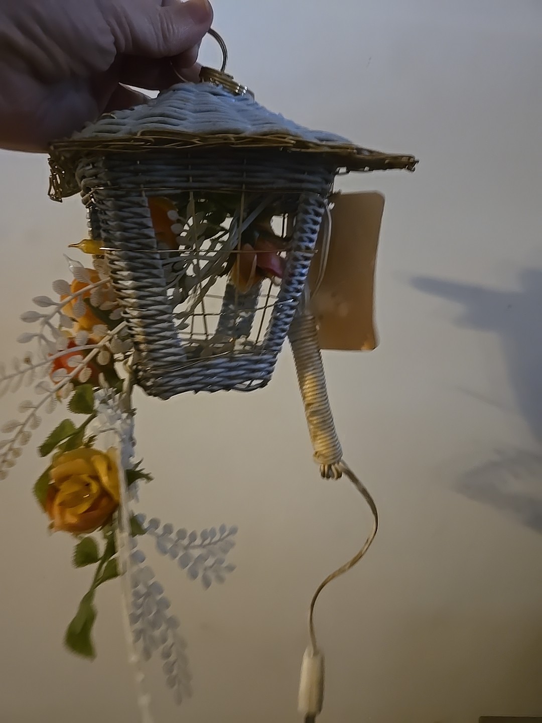 White Vinyl Wrapped Bird Cage Electrified Flower Arrangement Vintage White Roses