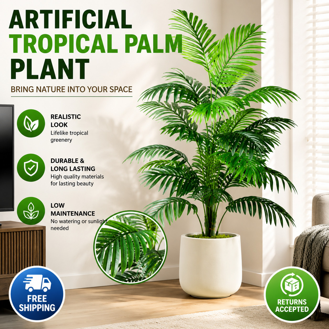 Artificial Areca Palm Tree Realistic Fake Plant Indoor Outdoor Home Office Decor