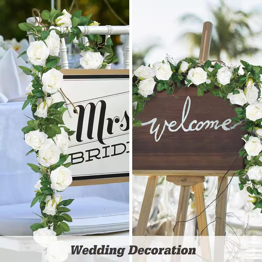 78 In. White Indoor/Outdoor Artificial Rose Flower Garland 3-Pieces 19.5 Ft. Wed