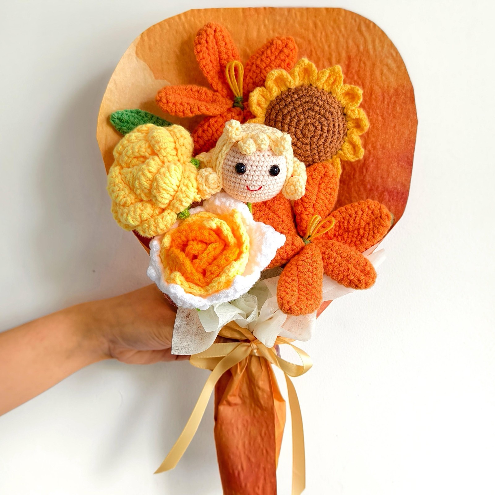 Crochet Flower Bouquet Handmade Yarn Flowers Doll Keepsake Teacher Gift for Her
