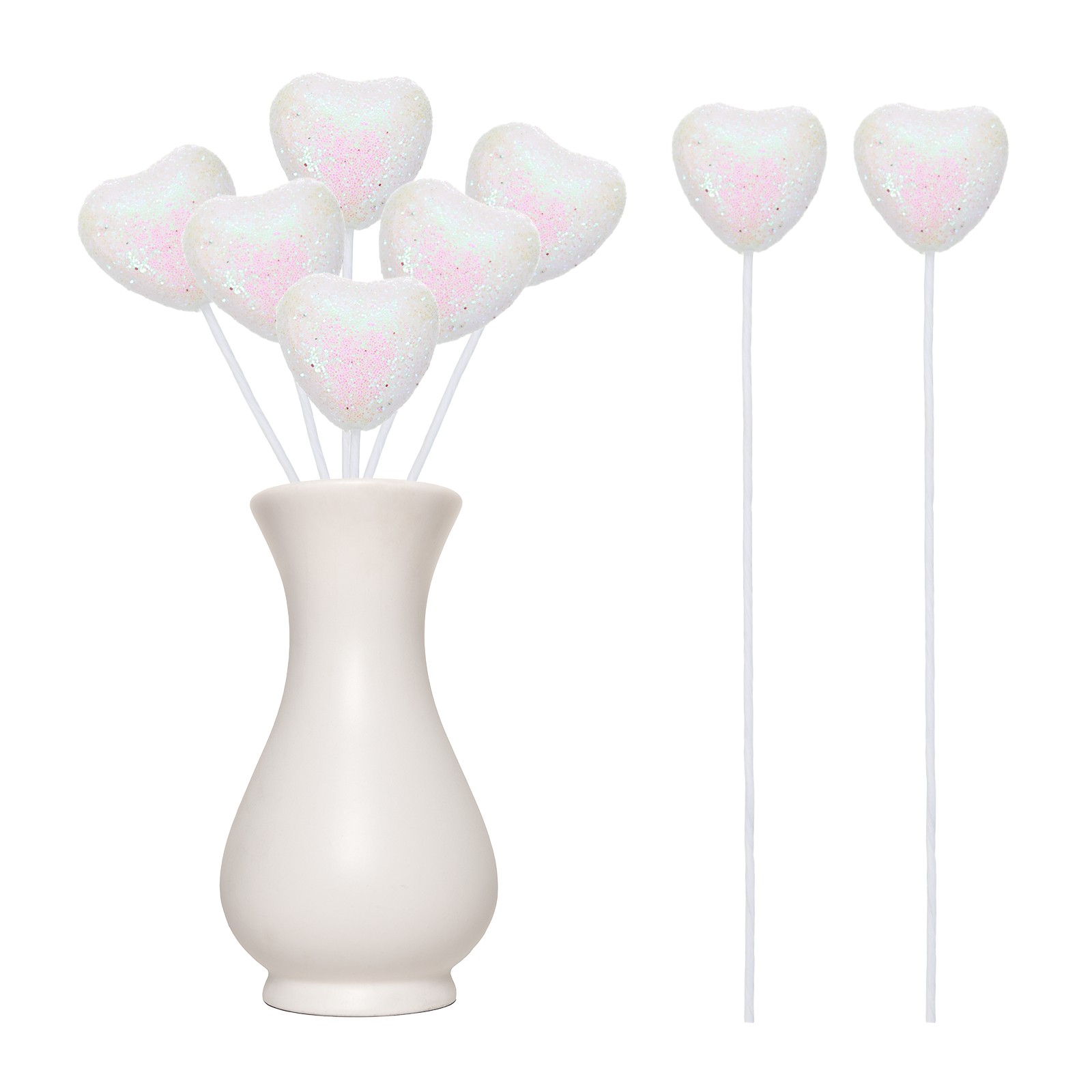 6 Pcs Glitter Heart Shaped Picks Puffy Foam Hearts Stick (White, 3cm x 21cm)