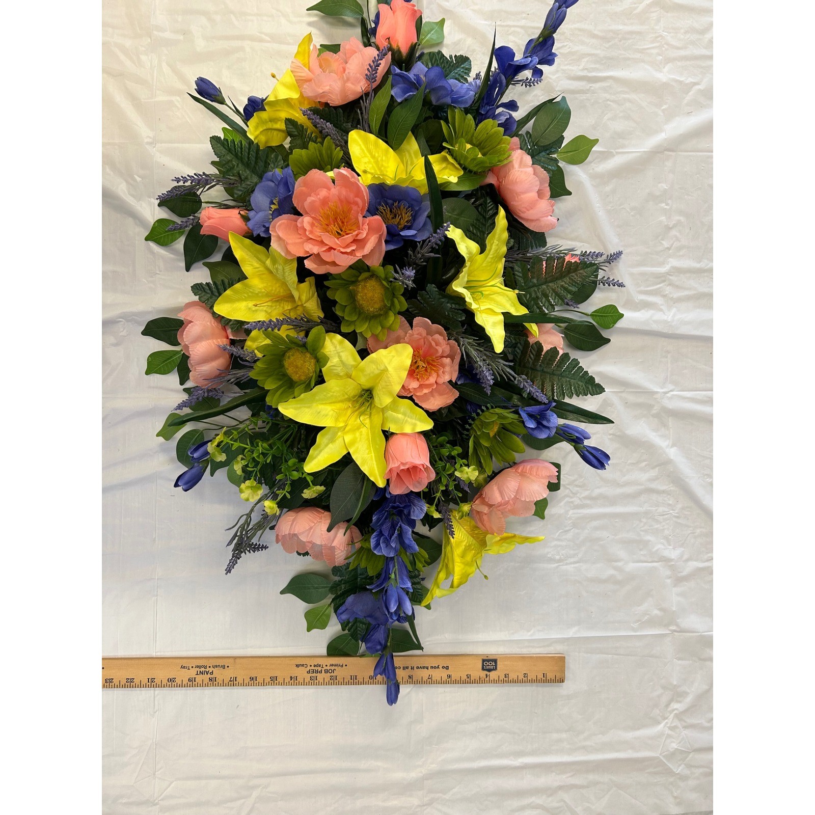 Large Artificial Floral Cemetery Spray Yellow Lily Coral Peony 36 Inch Swag